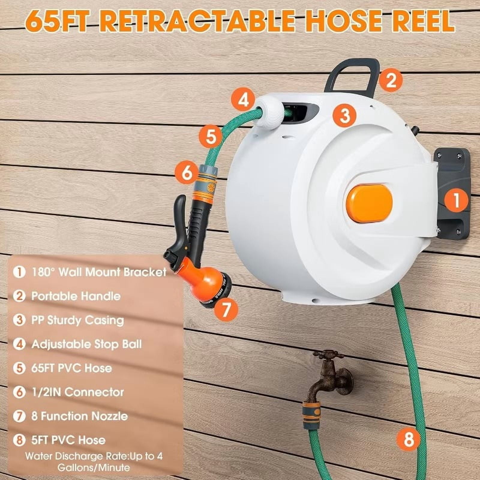 Furnibear 65 inch(20M) Garden Hose Reel with Handle and Adjustable Nozzle, Heavy-Duty Resin Case for 1/2in Hose