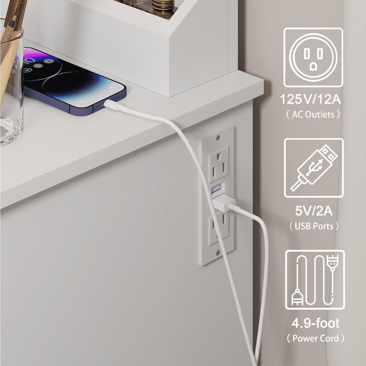 Furnibear Vanity Desk Set with Mirror and Light, Makeup Table with 2 Drawers and Cabinet, Power Outlet and 3 Color Modes Brightness Adjustable