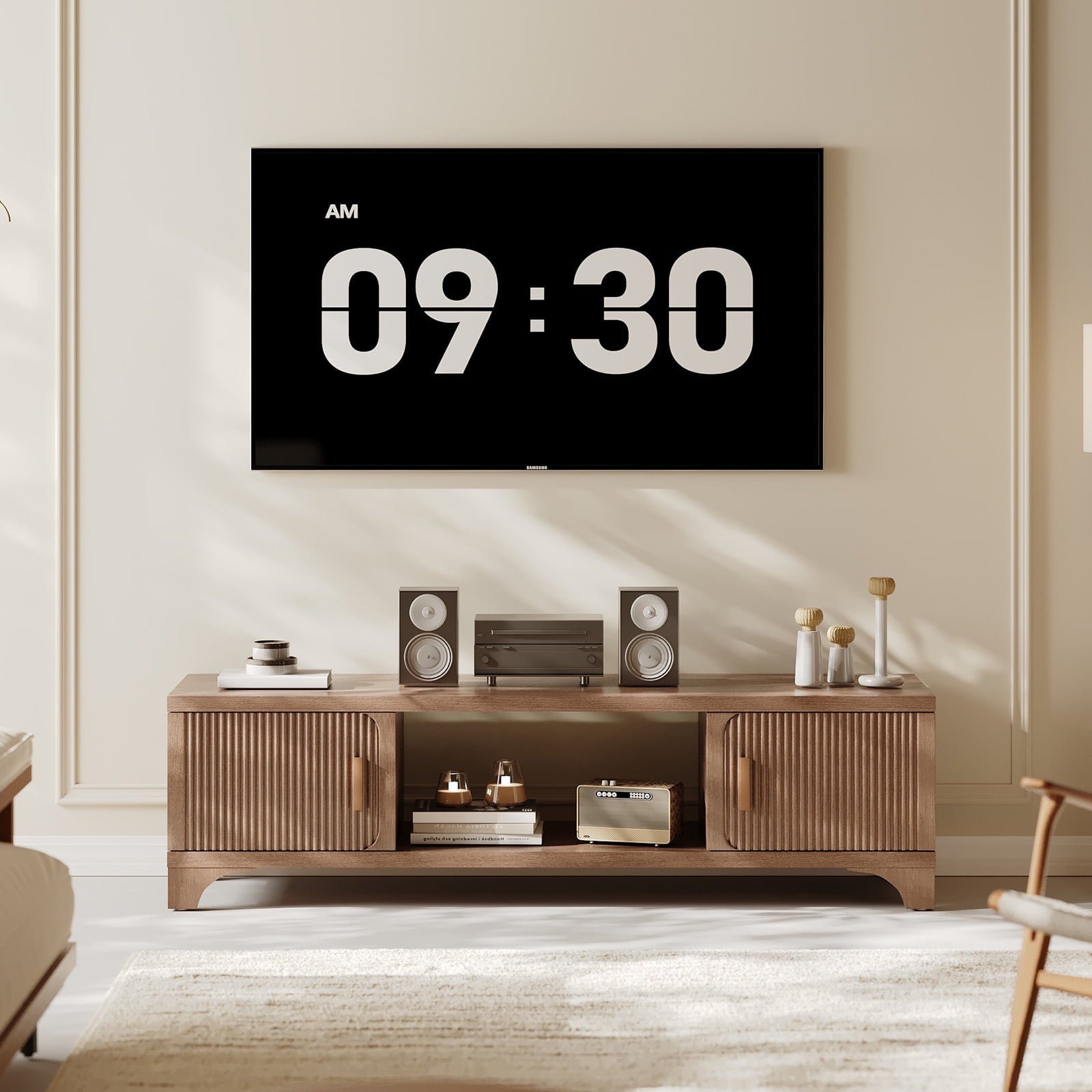 Furnibear Wood TV Stand Up to 75 Inch for Living Room, Mid Century Modern Entertainment Center, TV Console with Fluted Door Cabinets and Open Shelves, for Bedroom,Dark Brown