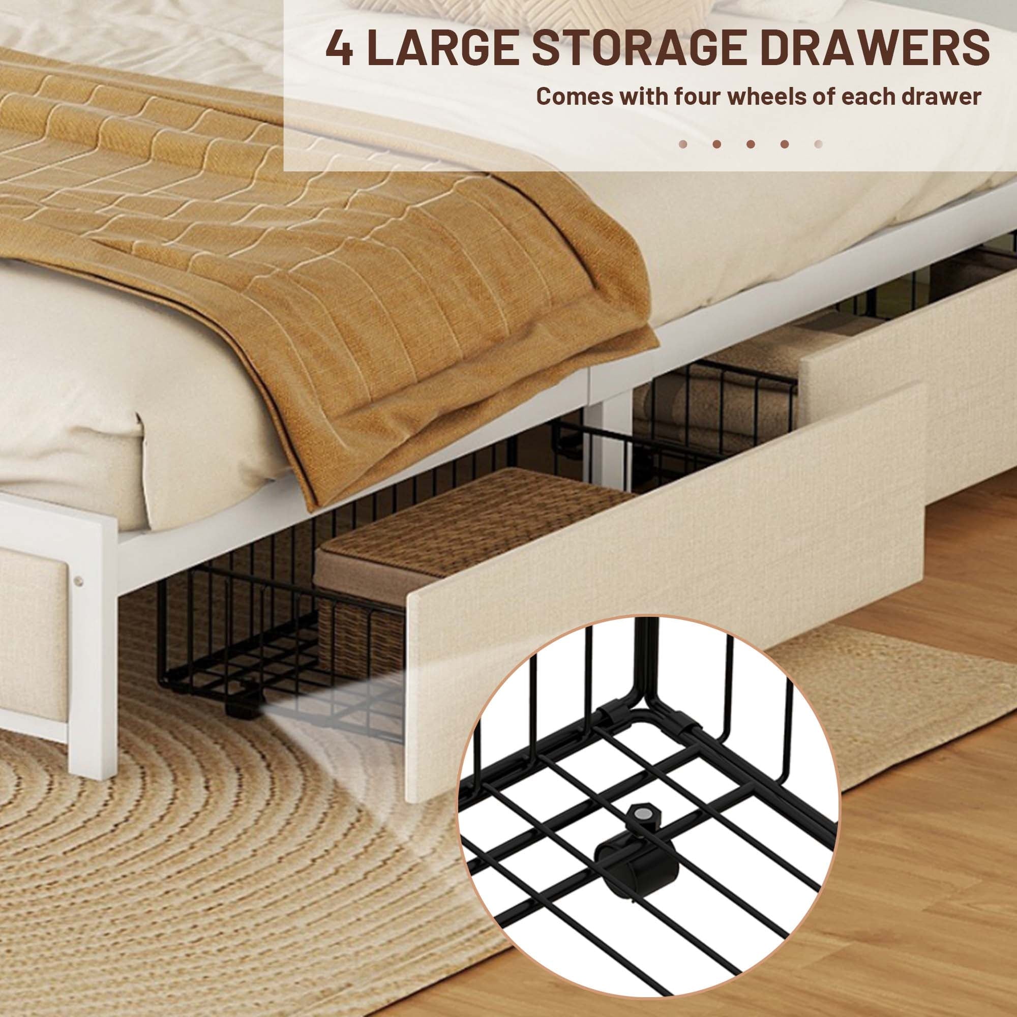 Furnibear Queen Bed Frame with LED Headboard, Upholstered Bed with 4 Storage Drawers and USB Ports, Beige