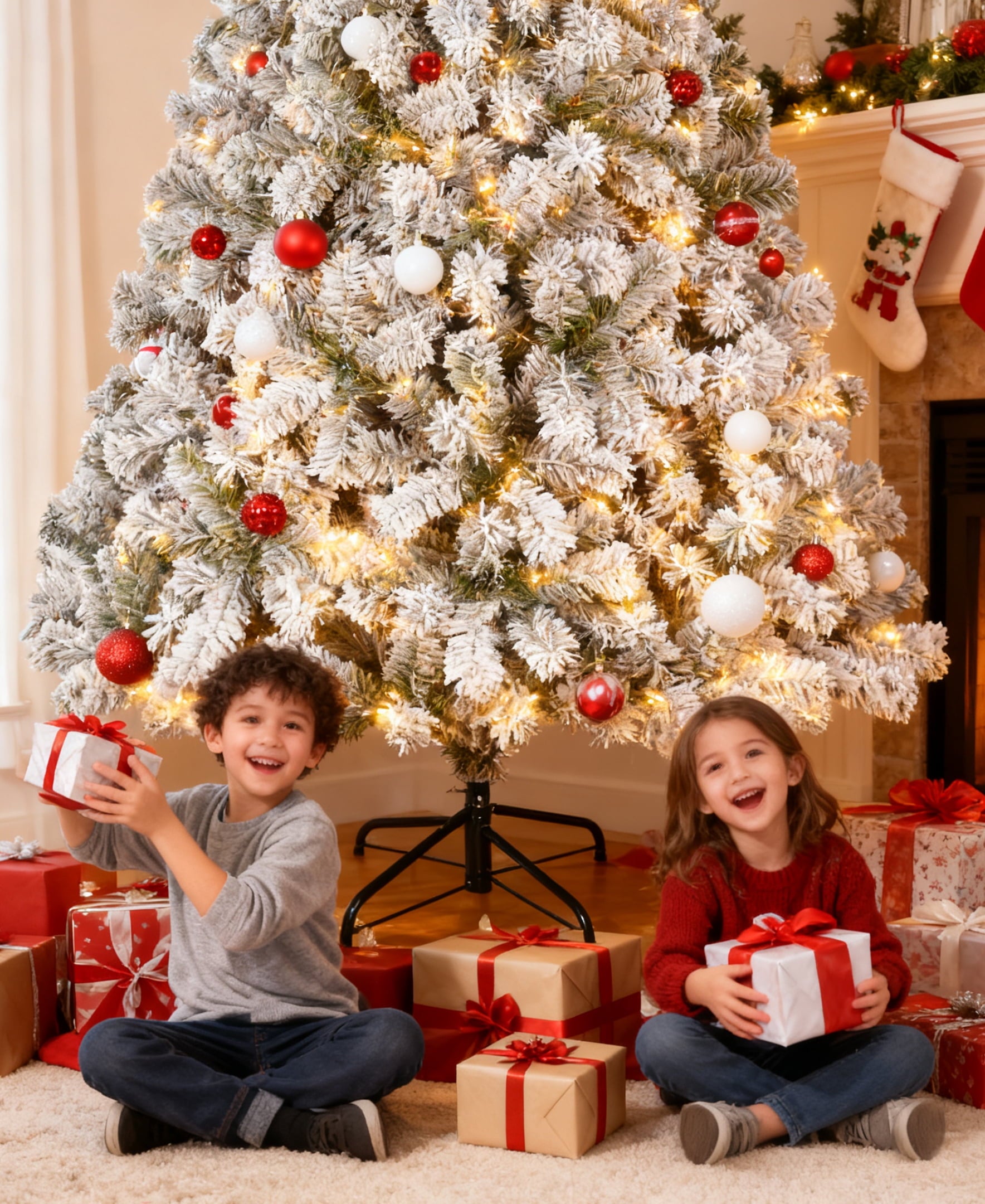 Furnibear 7.5ft Flocked Christmas Tree, 1405 Branch Tips Unlit Artificial Tree with Auto-Shaping