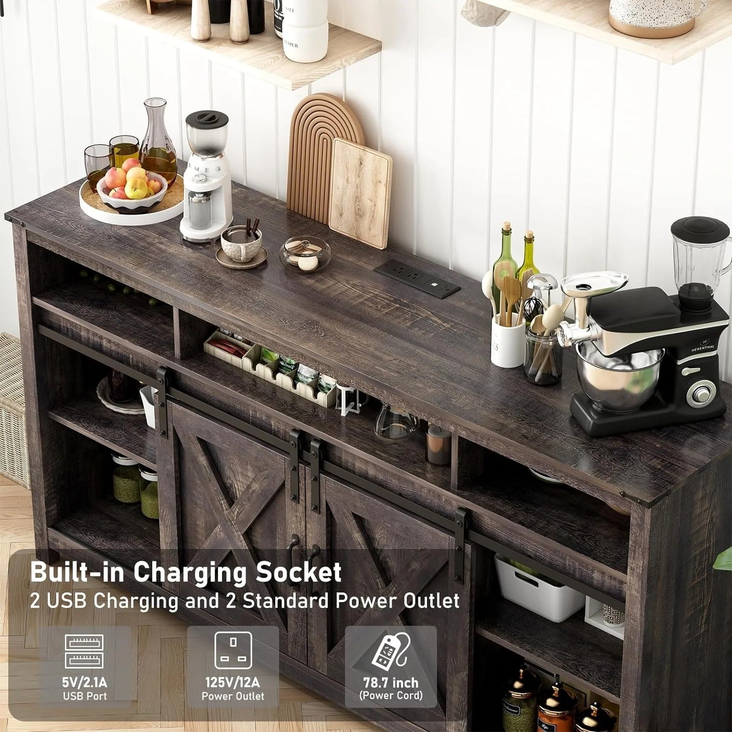 Furnibear 62 inch Farmhouse TV Stand up to 75in TVs and 23in Electric Fireplace, 2 Doors Wood Cabinet with Storage Shelves,Gray