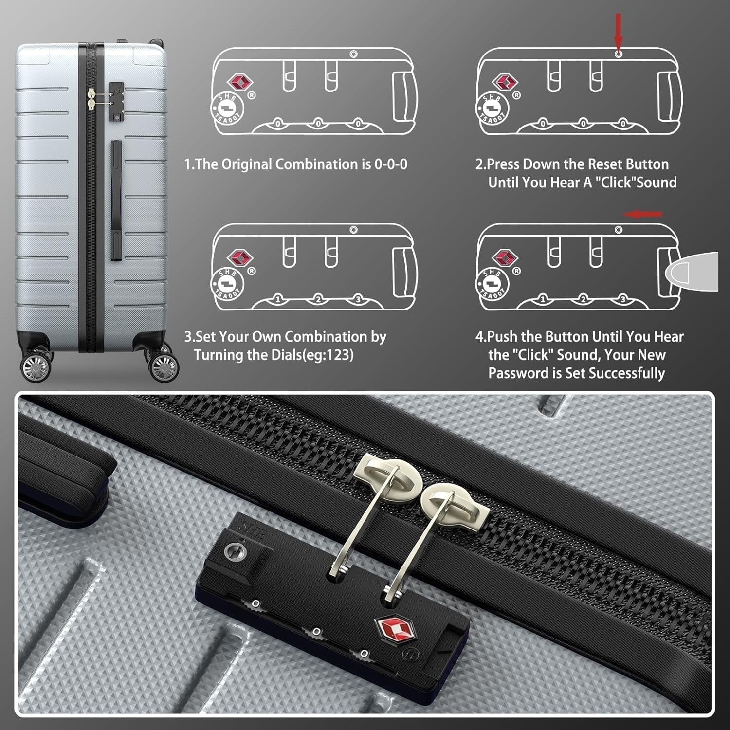 Furnibear Luggage 3 Piece Set,Suitcase Set with Spinner Wheels Hardside Lightweight Luggage 20in24in28in, Dark Gray