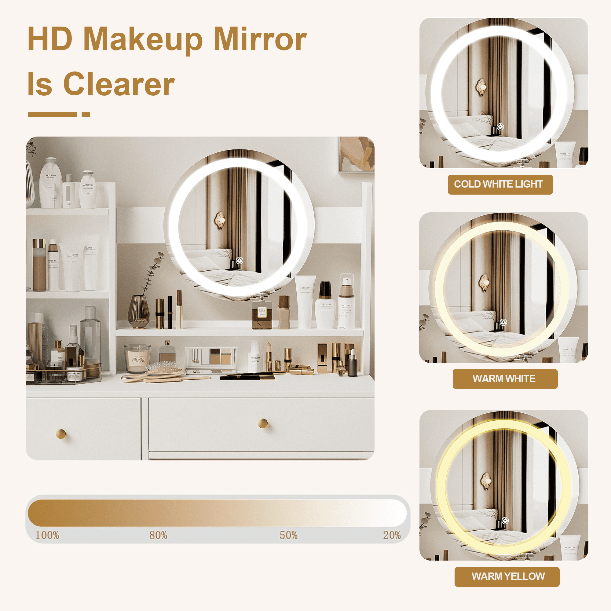 Furnibear 36in Vanity Desk Set, Makeup Table with Drawers, Dressing Table with Mirror and LED Lights, 3 Lighting Modes, Multifunctional Makeup Writing Desk for Bedroom