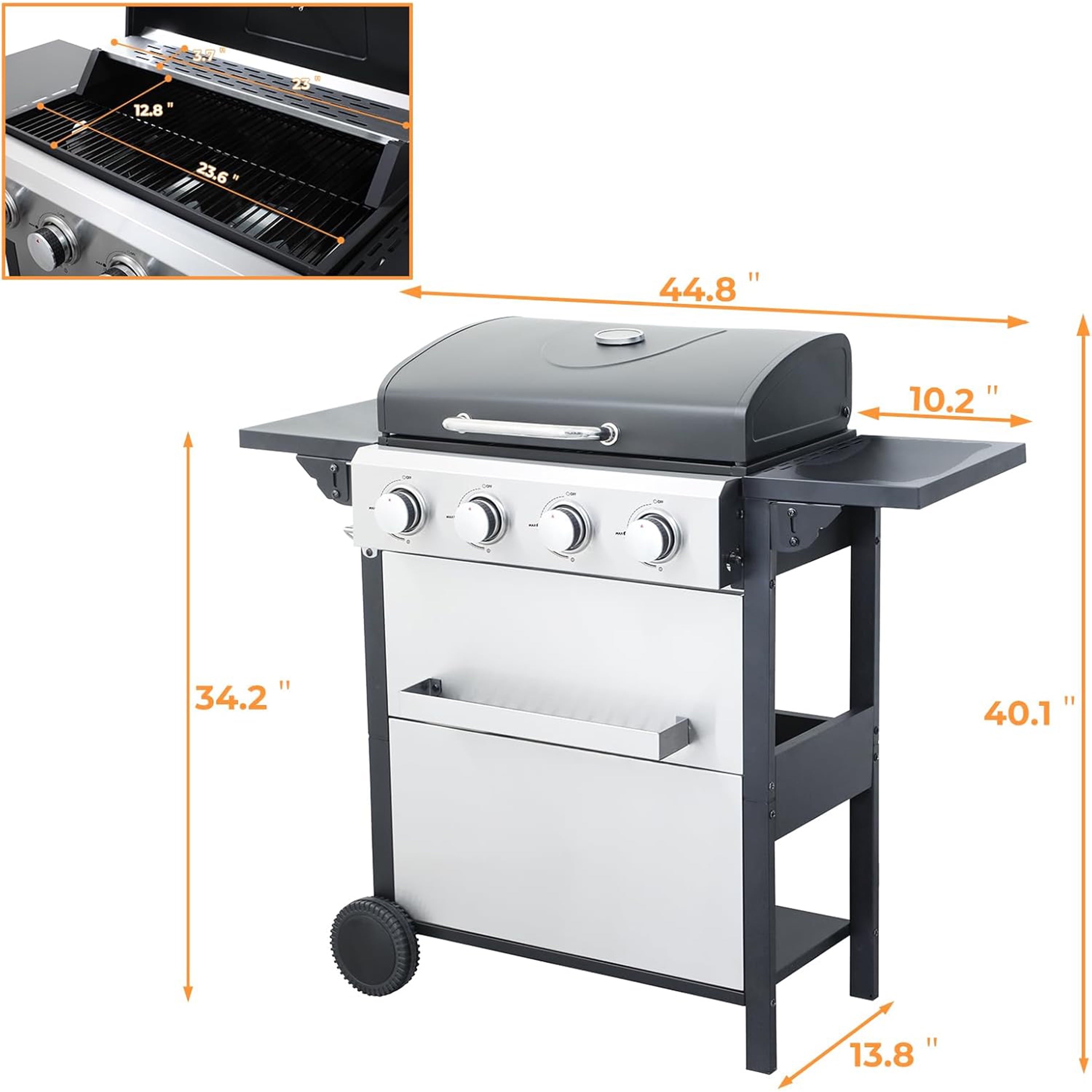 Furnibear 4 Burner BBQ Propane Gas Grill, Stainless Steel 34,200 BTU Patio Garden Barbecue Grill with 2 Foldable Shelves, Spice Rack