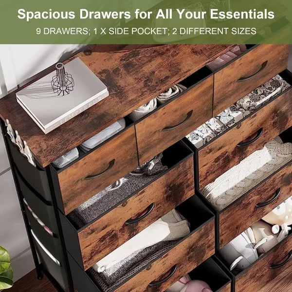 Furnibear 9-Drawer Fabric Storage Dresser - Sturdy Steel Frame Side Pockets, Spacious Storage for Bedroom/Closet