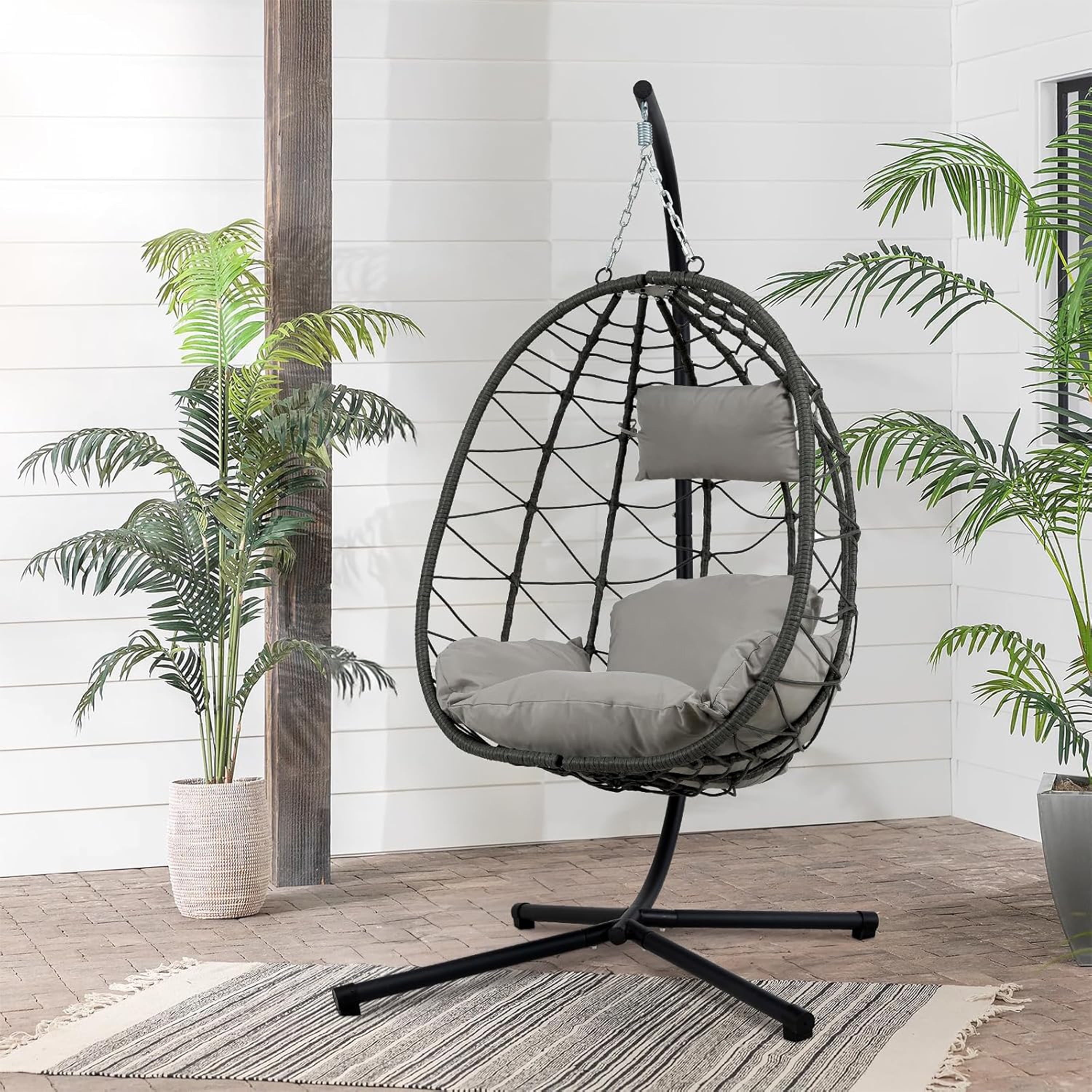Furnibear Egg Chair with Stand,Patio Rattan Wicker Hanging Swing Egg Chair Hammock Chair for Bedroom Porch Garden,Thickened Aluminum Alloy Steel Frame