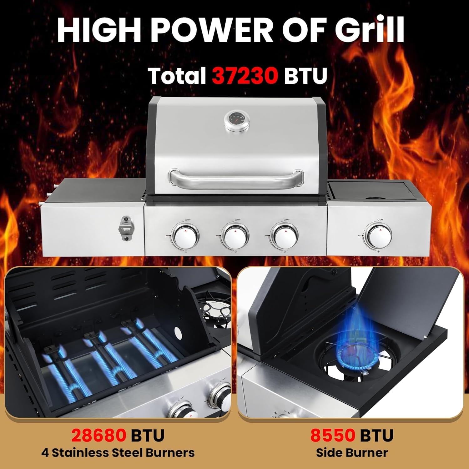 Furnibear 3-Burner Gas Grill Side Burner, Propane Stainless Steel BBQ Grill with Porcelain-Enameled Cast Iron Grates, 37150 BTU Barbecue Grill for Outdoor Cooking