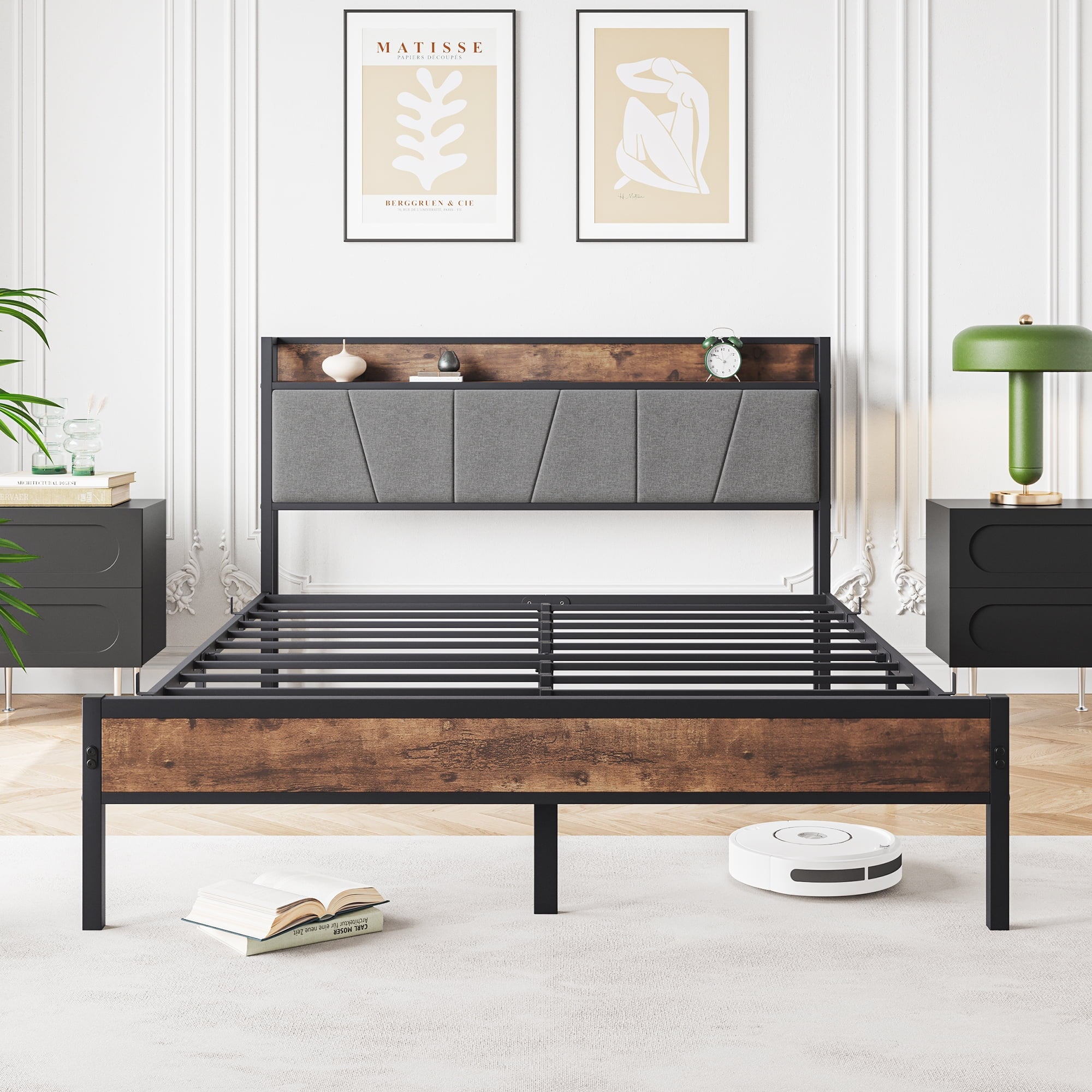 Furnibear Queen SIZE Bed Frame with Storage Headboard and USB Charging Station, Sturdy Shake-Free Platform, No Box Spring Needed, Easy Tool-Free Assembly