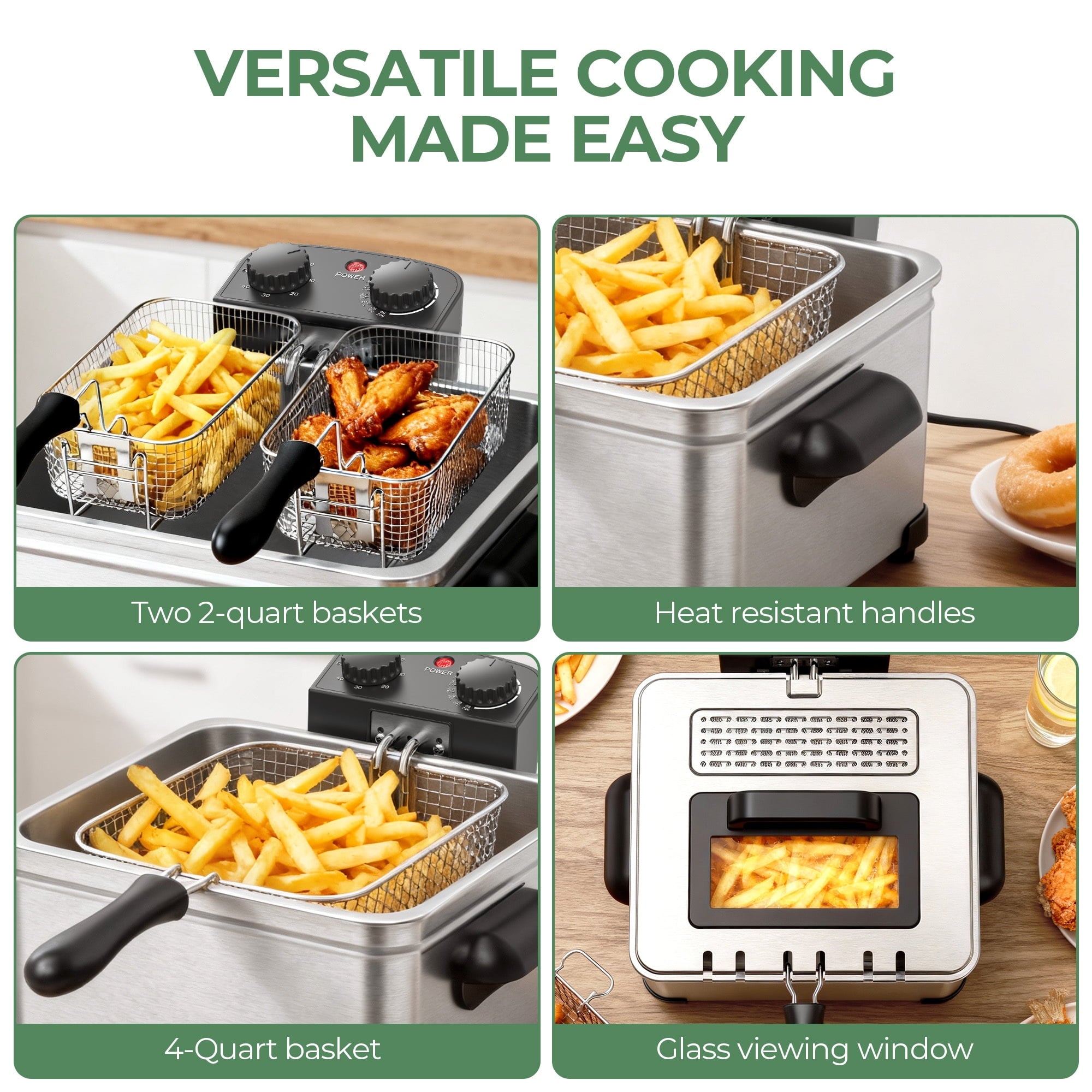 Furnibear Electric Deep Fryer with 3 Frying Baskets, 5L 1700W Large Fryer Adjustable Temperature,View Window Lid for Kitchen, Fry Fish for Home Use,Silver