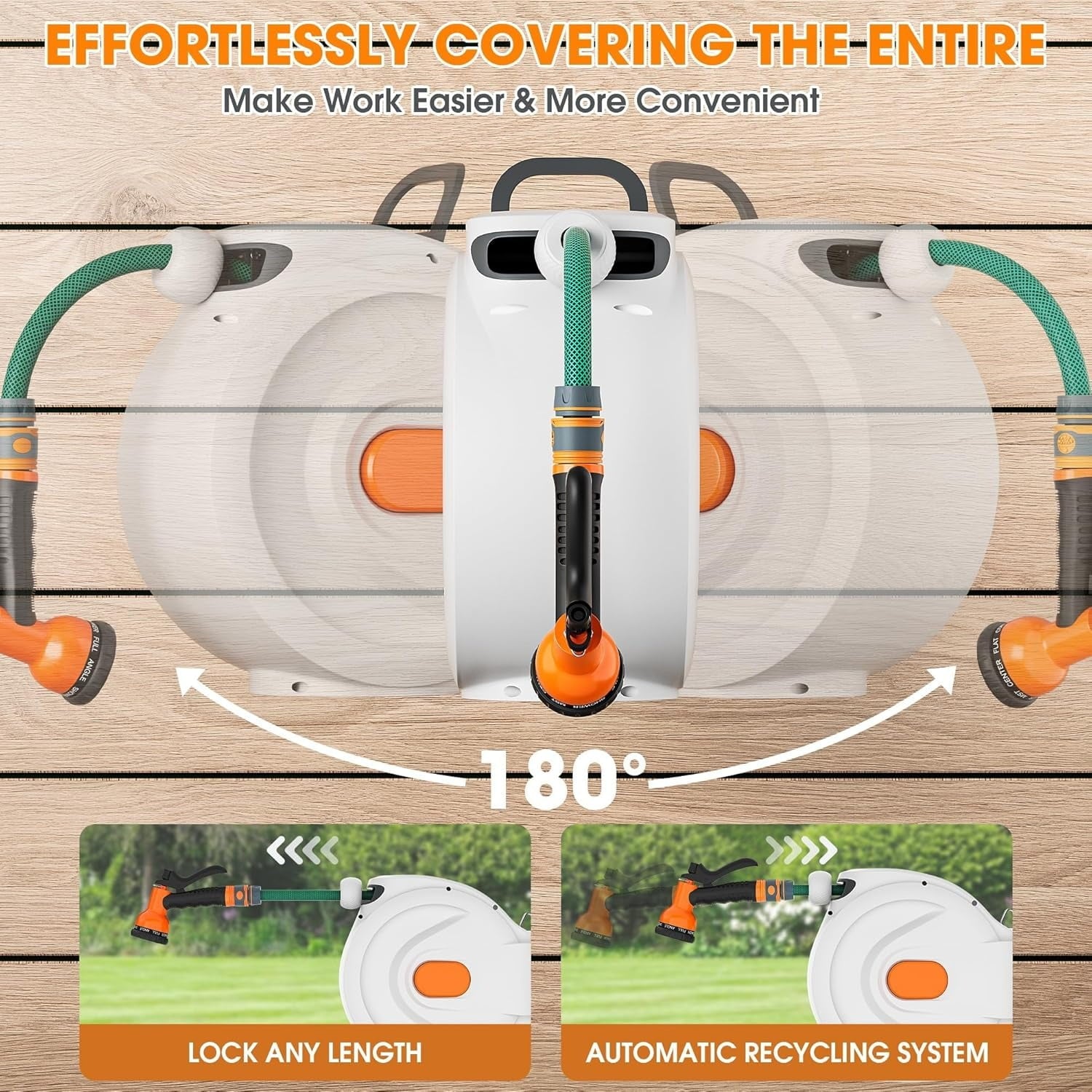 Furnibear 65 inch(20M) Garden Hose Reel with Handle and Adjustable Nozzle, Heavy-Duty Resin Case for 1/2in Hose