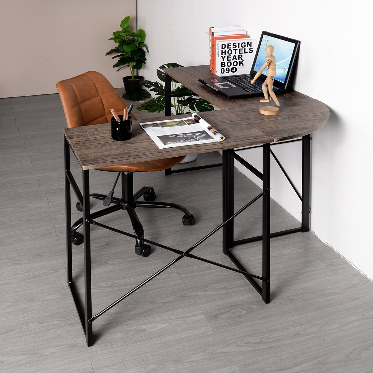 Furnibear L-Shape Desk Computer Desk Office Table Laptop Writing Study Workstation Metal Frame,Brown
