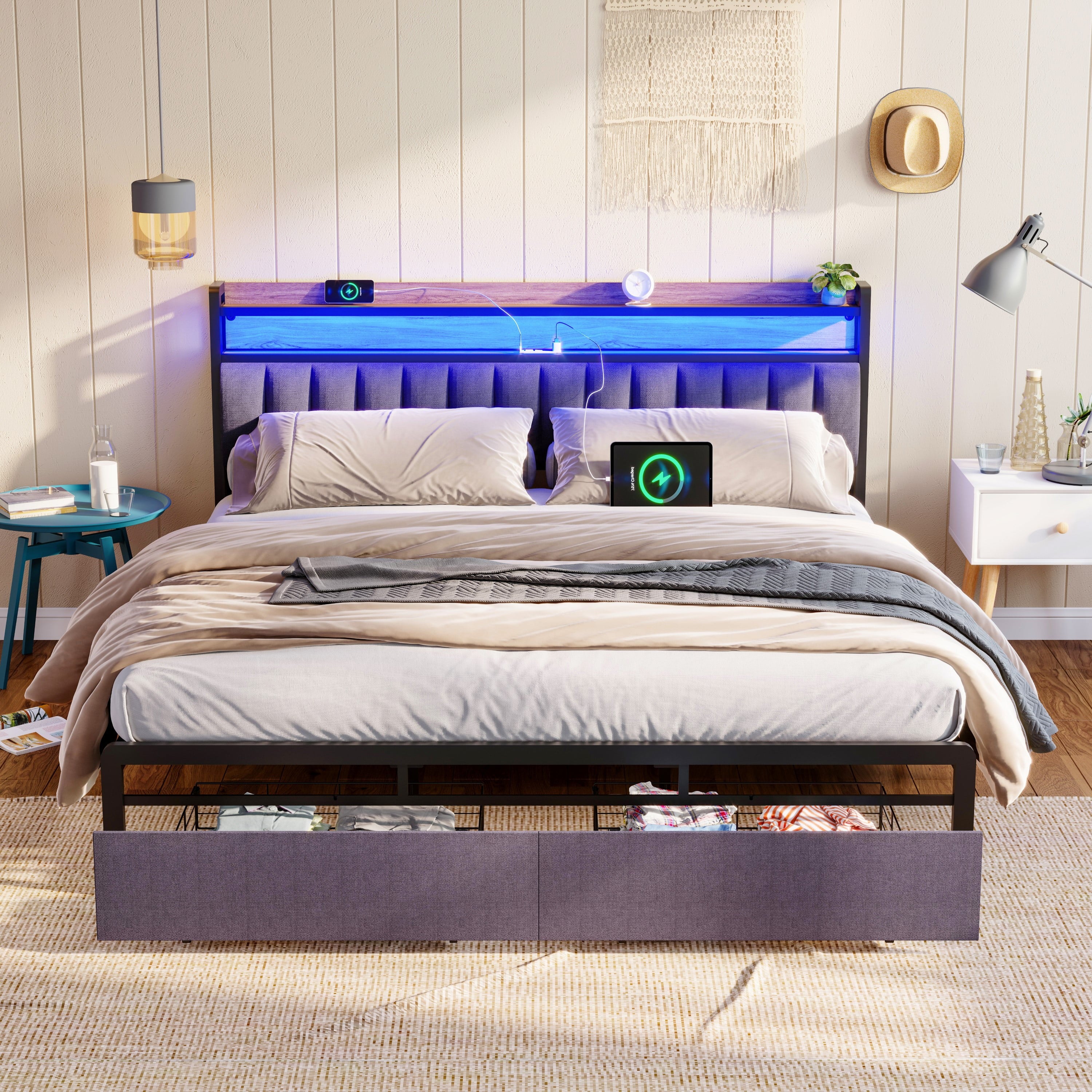 Furnibear King Bed Frame with Upholstered Storage Headboard and Drawers, LED Platform Bed with Charging Station, No Box Spring Needed
