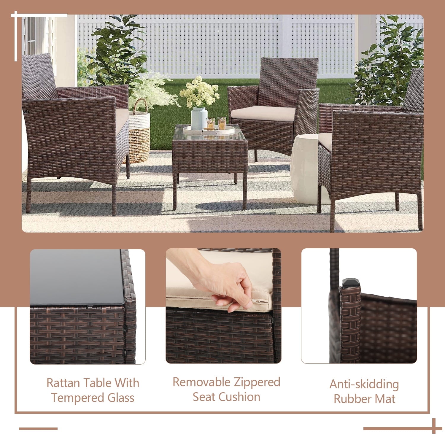 Furnibear 4 Pieces Outdoor Patio Indoor Furniture Sets Rattan Chair Wicker Set for Backyard Porch Garden Poolside Balcony