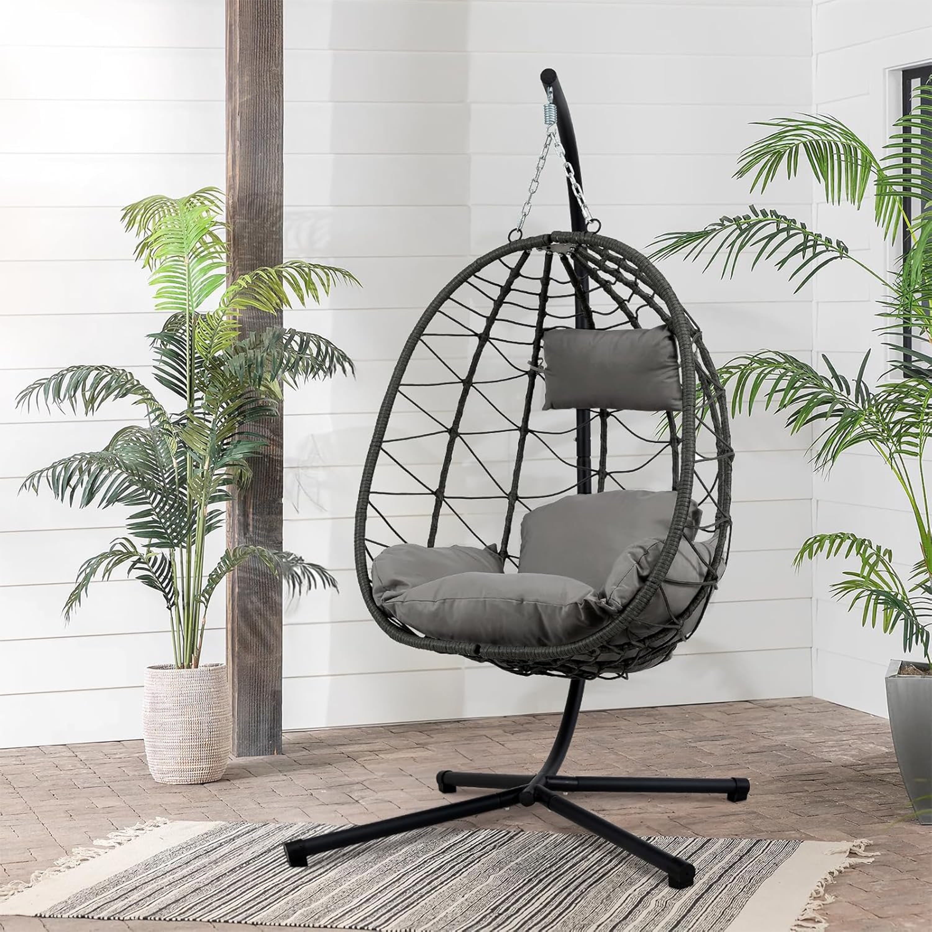 Furnibear Egg Chair with Stand,Patio Rattan Wicker Hanging Swing Egg Chair Hammock Chair for Bedroom Porch Garden,Thickened Aluminum Alloy Steel Frame