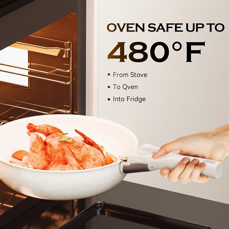 Furnibear 18-Piece Granite Ceramic Nonstick Cookware Set-Detachable Handle for Space-Saving, Compatible with Induction/Gas Stoves, Oven,Dishwasher Safe, White