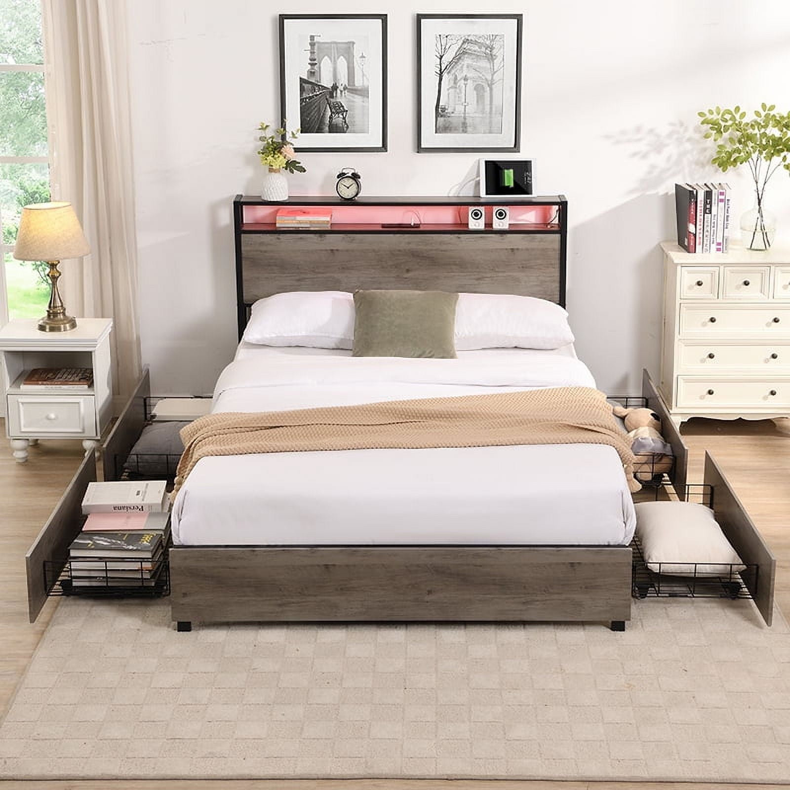 Furnibear Full Bed Frame with USB Charging Station and Storage Headboard, Heavy-Duty Shake-Free Platform, No Box Spring Needed, Easy Tool-Free Assembly, Gray