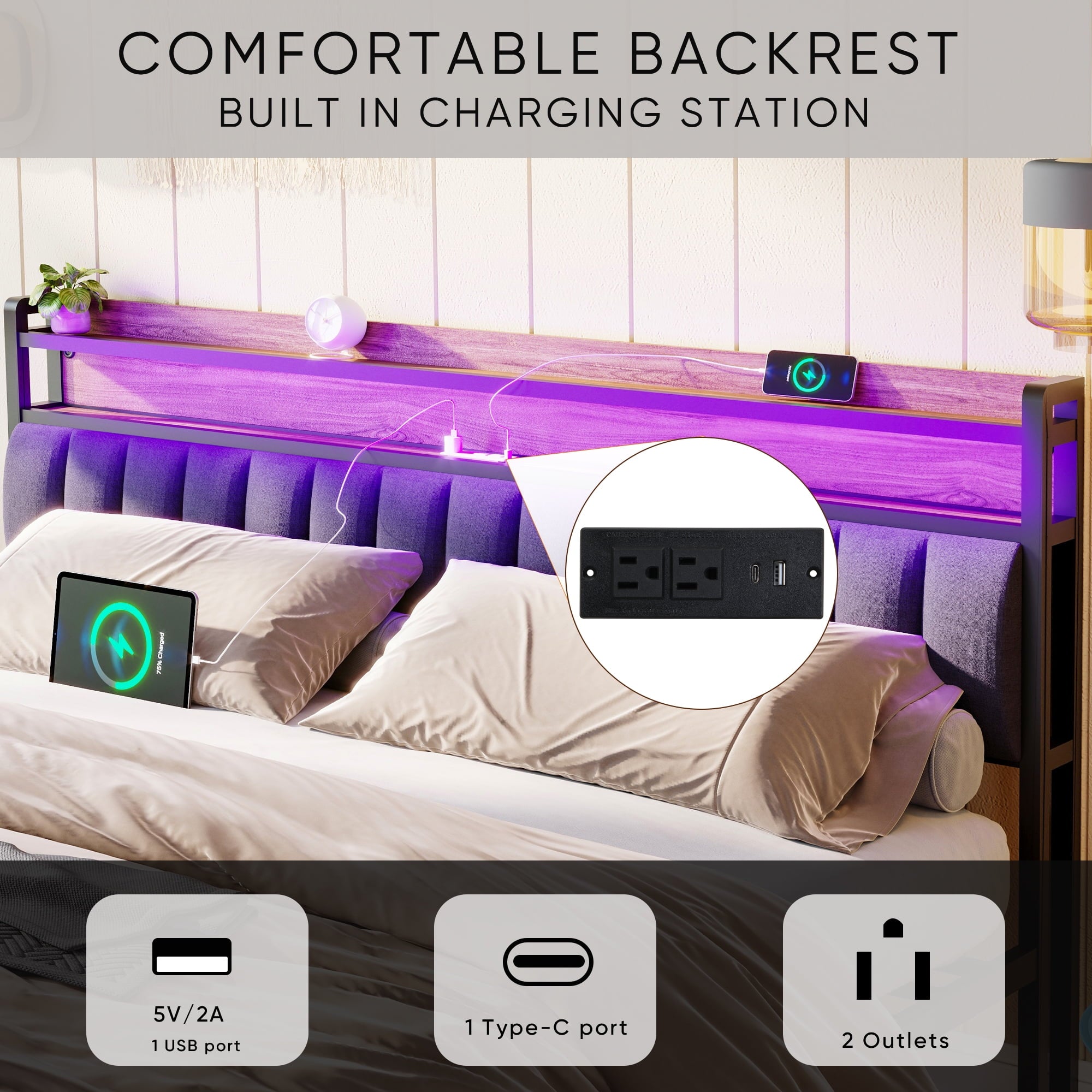 Furnibear King Bed Frame with Upholstered Storage Headboard and Drawers, LED Platform Bed with Charging Station, No Box Spring Needed