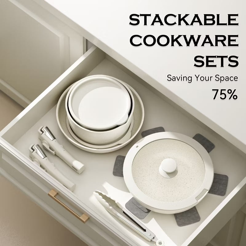 Furnibear 18-Piece Granite Ceramic Nonstick Cookware Set-Detachable Handle for Space-Saving, Compatible with Induction/Gas Stoves, Oven,Dishwasher Safe, White