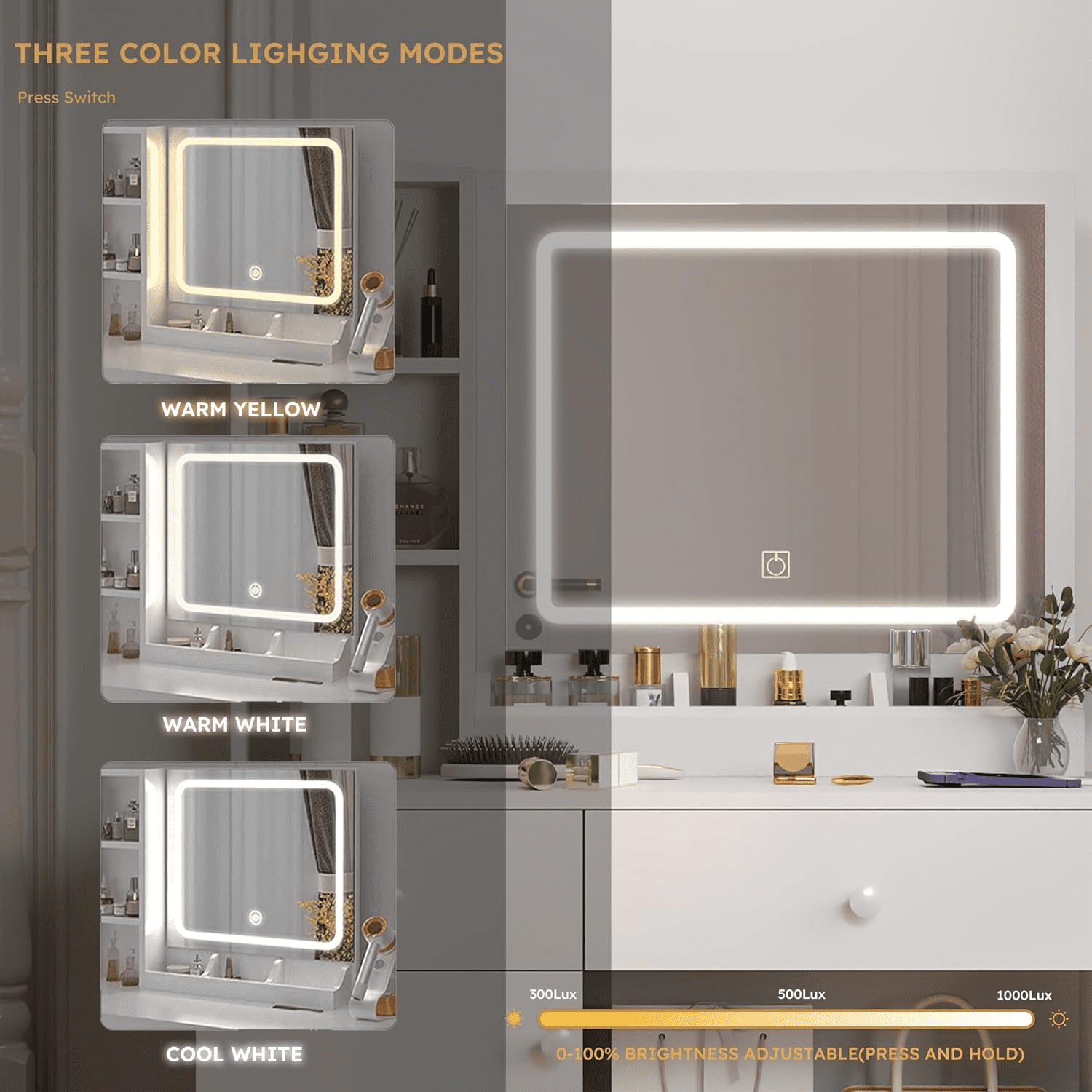 Furnibear Vanity Desk Set with Mirror and Light, Makeup Table with 2 Drawers and Cabinet, Power Outlet and 3 Color Modes Brightness Adjustable