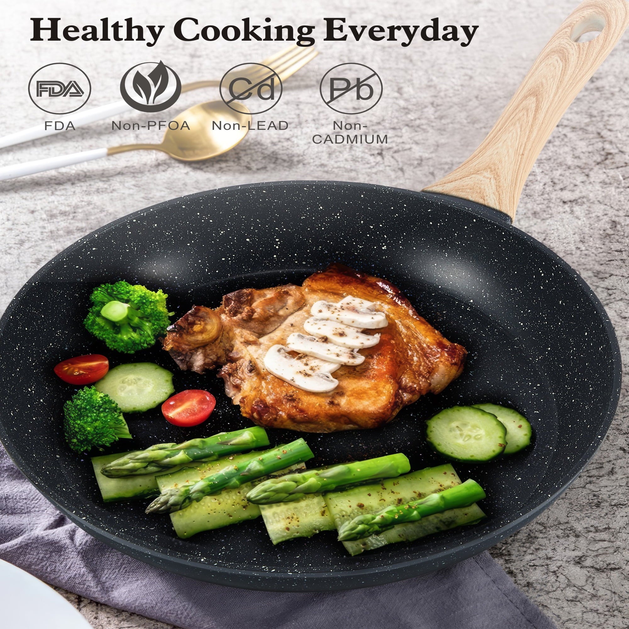 Furnibear?12-Piece Ceramic Nonstick Cookware Set - Granite Coated Frying Pans / Stock Pots, with Silicone Shovel/Spoon/Tongs, Compatible with All Stoves, Easy to Clean