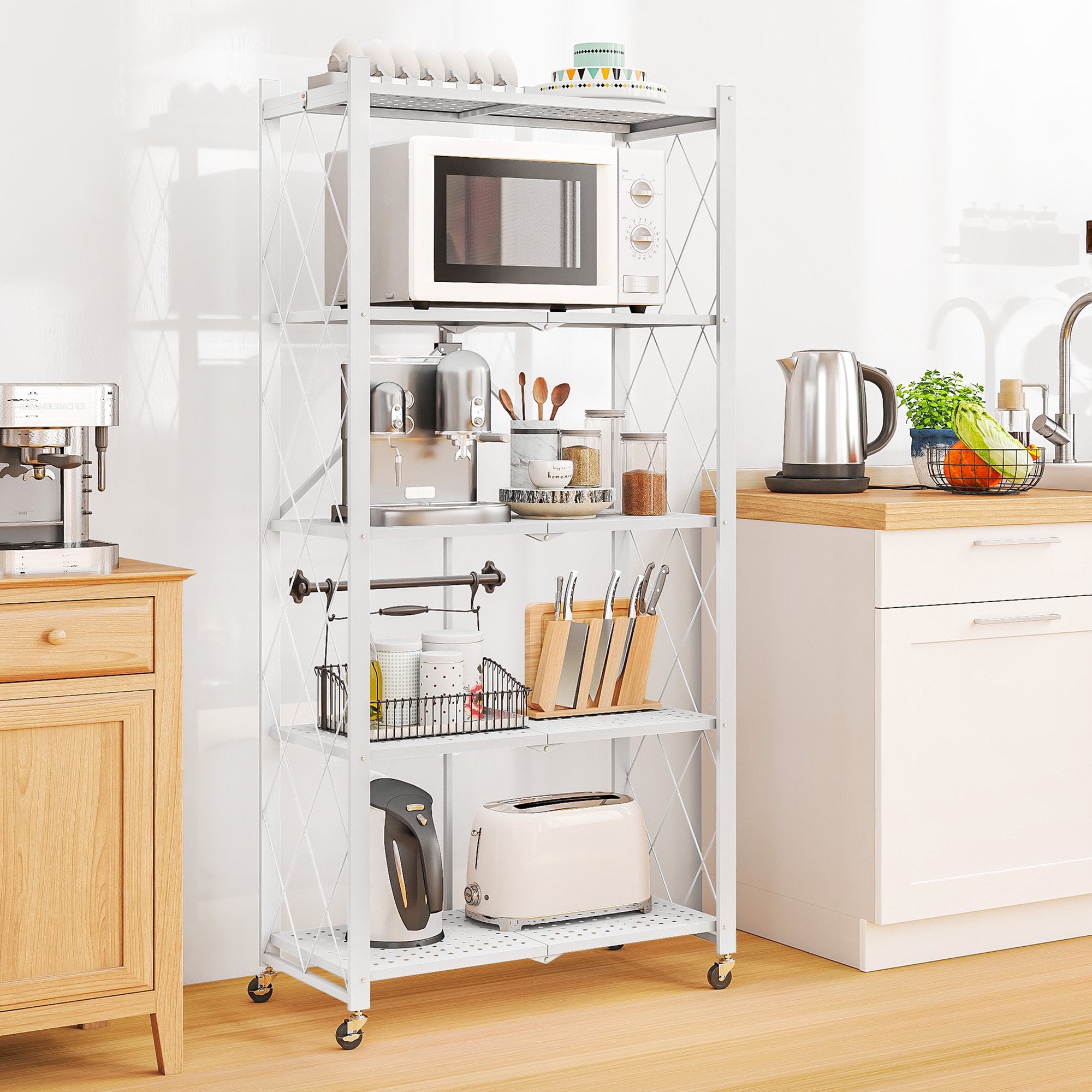 Furnibear 5-Tier Folding Storage Shelves with Wheels, Foldable Metal Rack, Collapsible Shelves for Garage, Kitchen, Basement, White