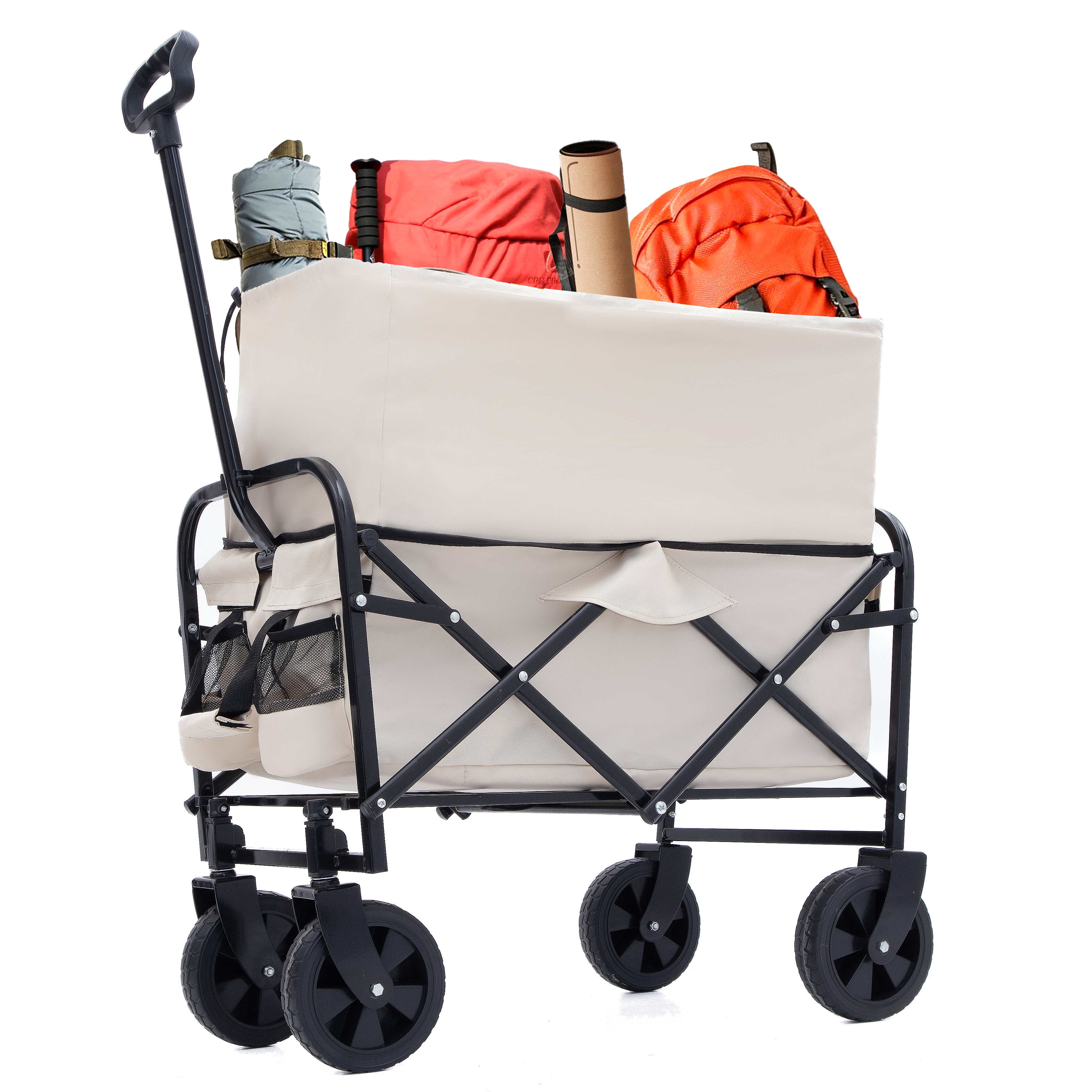 Furnibear Heavy-Duty Folding Wagon Cart with All-Terrain Wheels Includes 3 Liner Bags for Camping, Beach, Grocery,Off-White