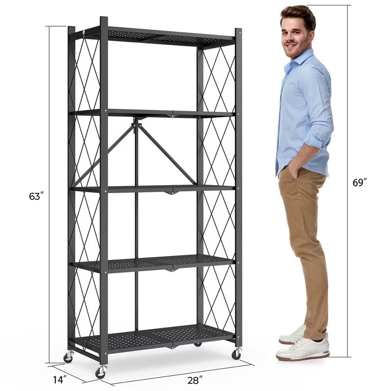 Furnibear 5-Tier Heavy-Duty Foldable Storage Shelf with Lockable Wheels (750 lbs Capacity) - No Assembly Metal Organizer Rack for Home/Garage/Office, Instant Setup Anti-Wobble, Black