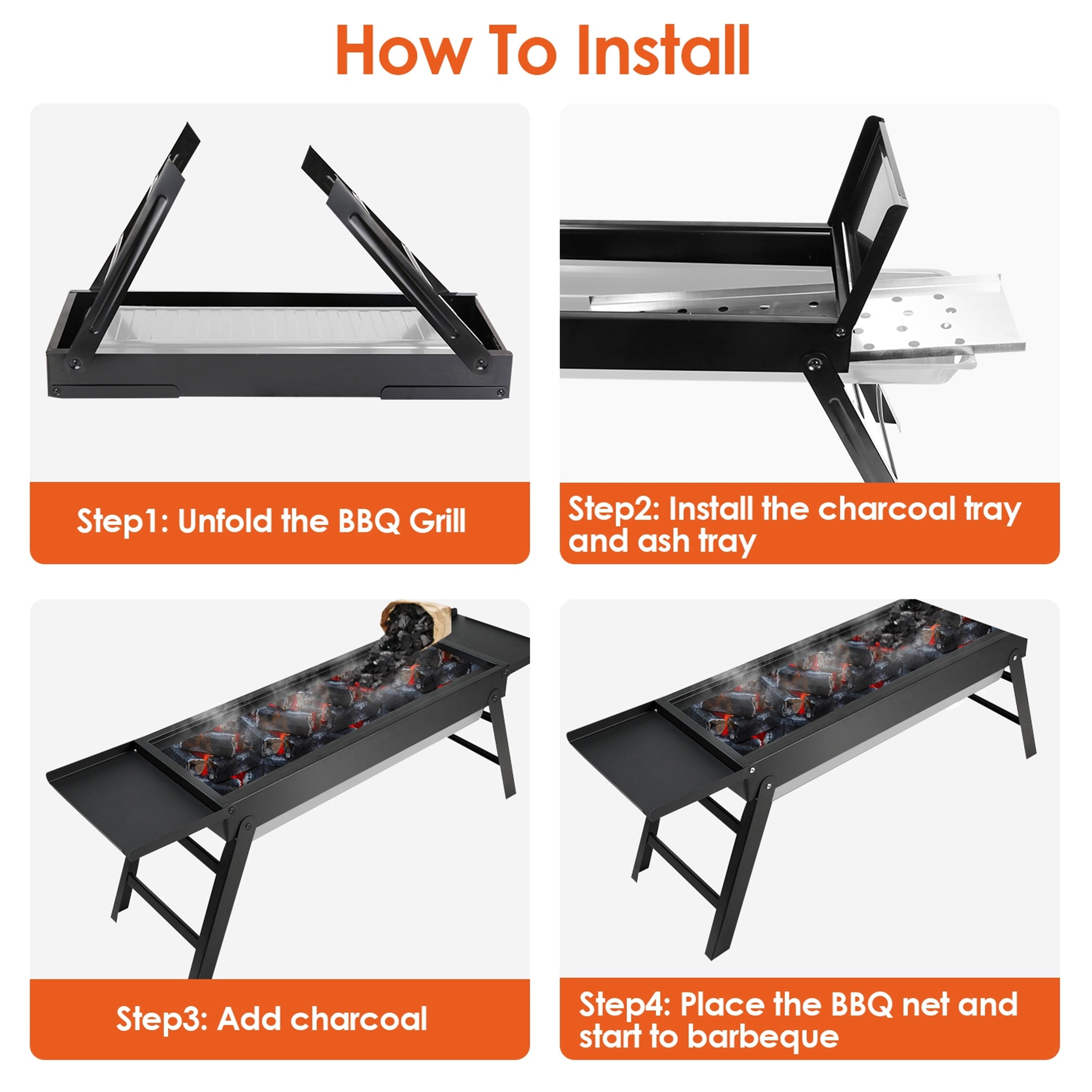 Furnibear Portable Charcoal Grill, Foldable Stainless Steel BBQ Grill with Side Table, Tabletop Grill for Outdoor Camping, Patio and Picnic