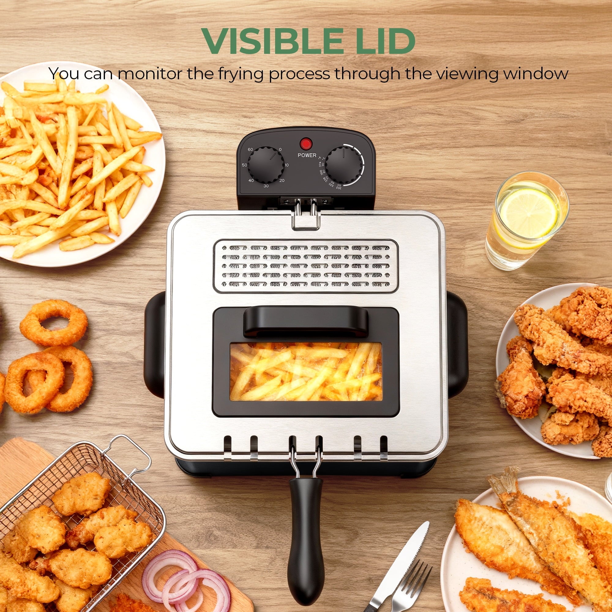 Furnibear Electric Deep Fryer with 3 Frying Baskets, 5L 1700W Large Fryer Adjustable Temperature,View Window Lid for Kitchen, Fry Fish for Home Use,Black