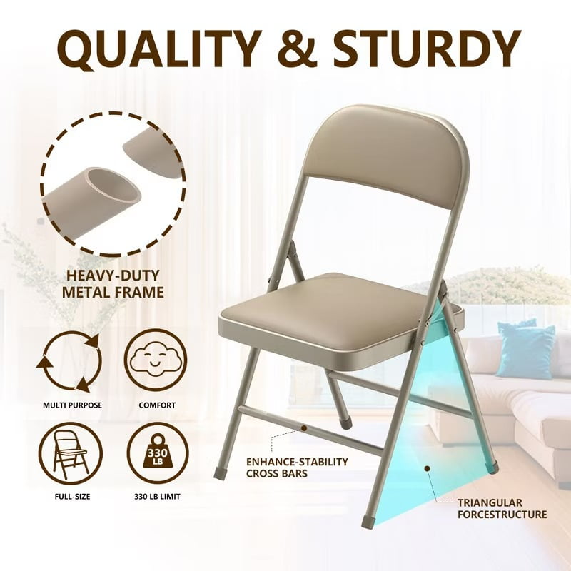 Furnibear 6 Pack Folding Chairs with Padded Vinyl Seat, Heavy-Duty Metal Frame, Supports 330 lbs, Portable Lightweight,Brown
