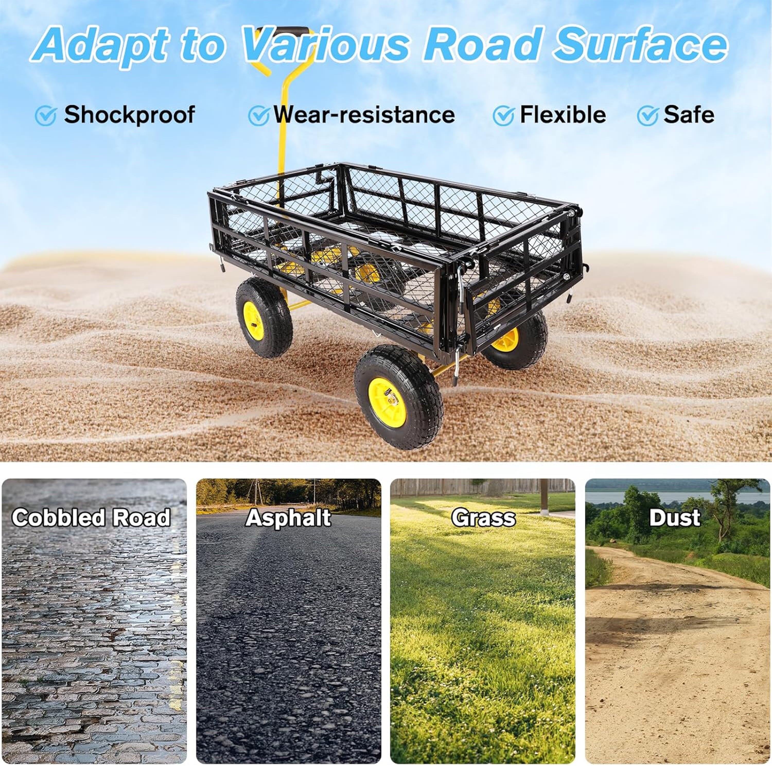 Furnibear Heavy Duty Steel Garden Cart 1500lbs Capacity, 6.35 cu ft, 40.55" x 27.56" Folding Utility Wagon with Double-Layer Removable Side, BlackandYellow