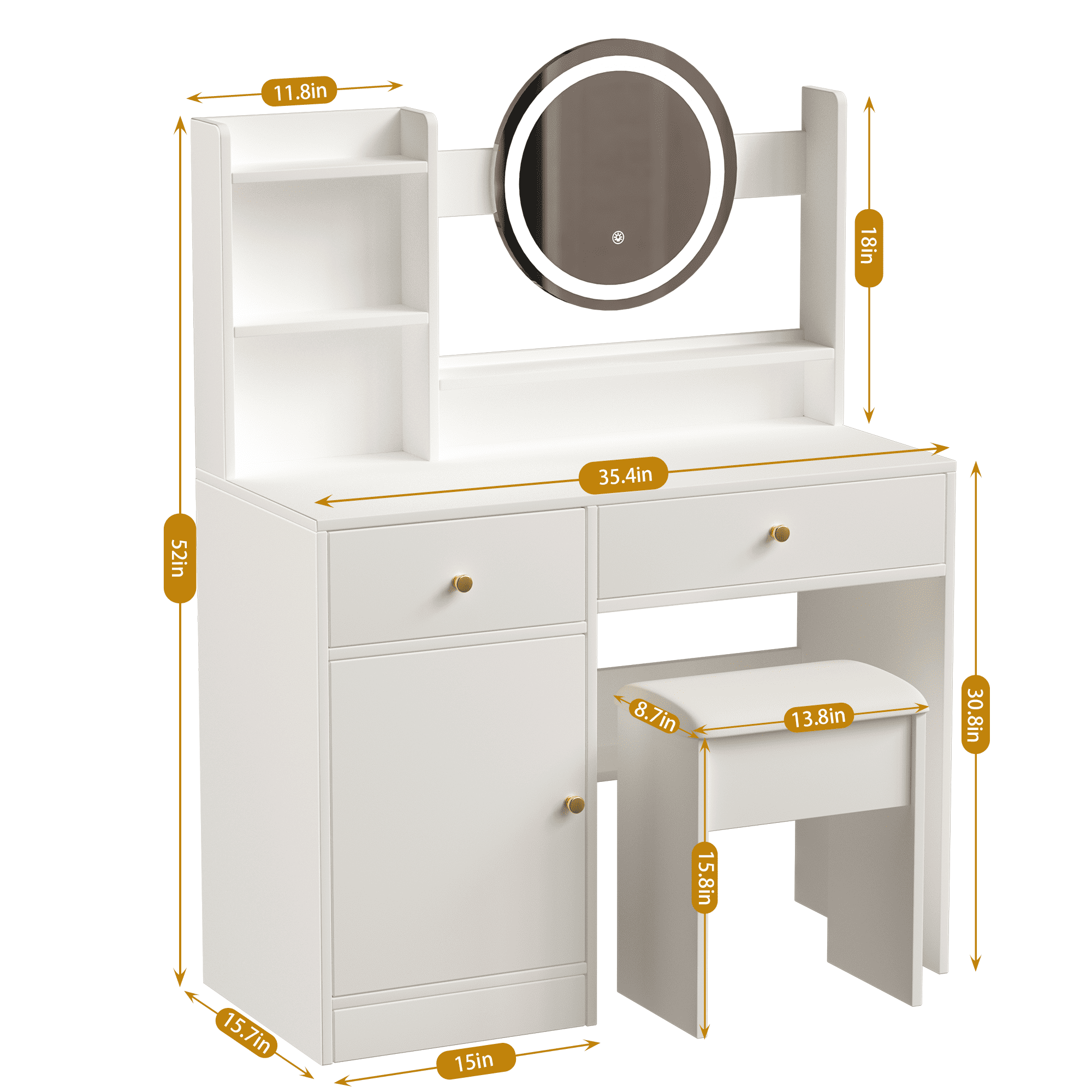Furnibear 36in Vanity Desk Set, Makeup Table with Drawers, Dressing Table with Mirror and LED Lights, 3 Lighting Modes, Multifunctional Makeup Writing Desk for Bedroom