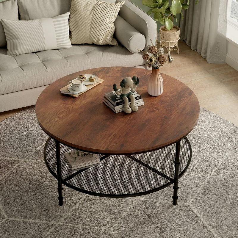Furnibear Round Coffee Table with Metal Frame, Rustic Wood Finish Accent Table with Wooden Tabletop and Padded Feet for Living Room