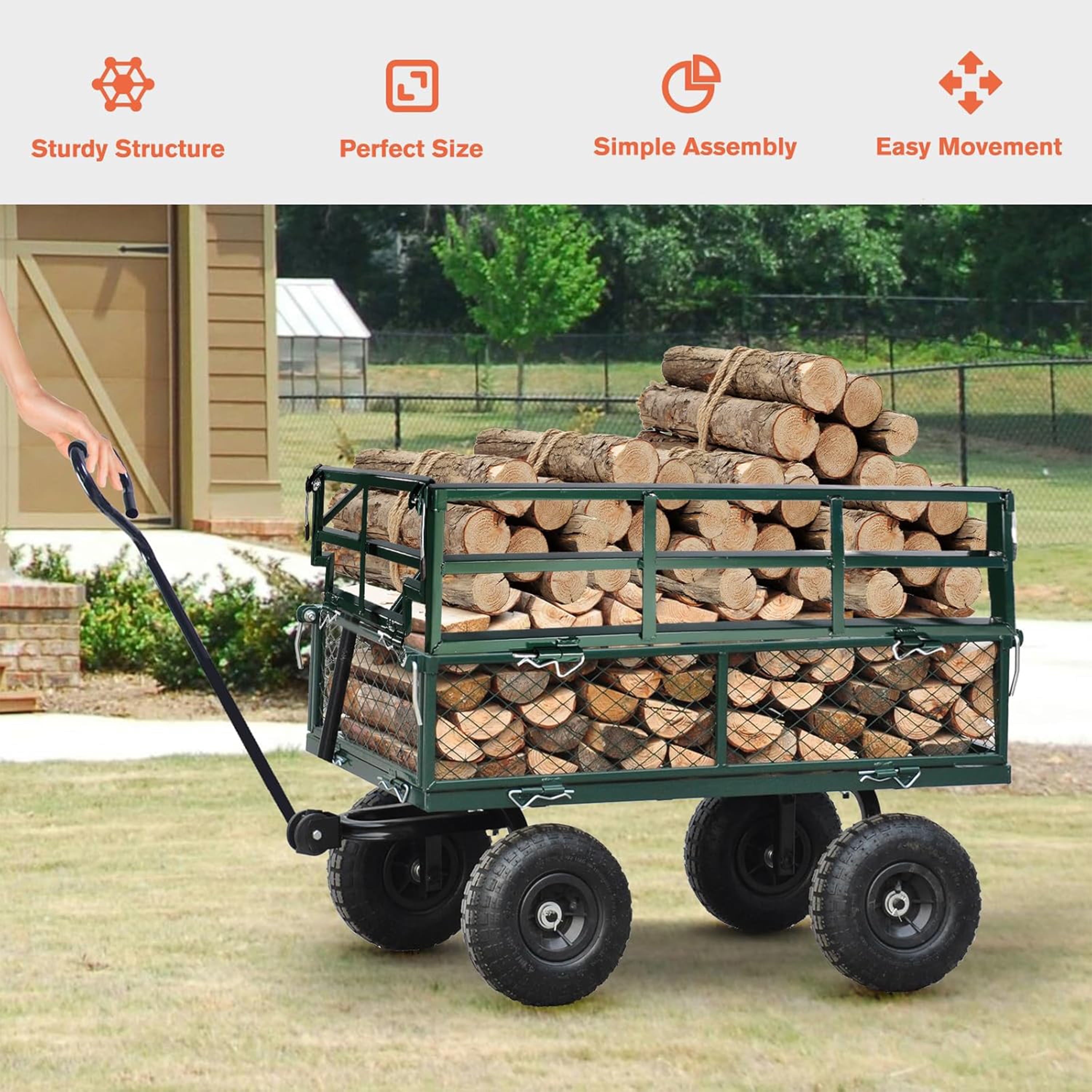 Furnibear Heavy Duty Steel Garden Cart 1500lbs Capacity, 6.35 cu ft, 40.55in x 27.56in Folding Utility Wagon with Double-Layer Removable Side, Green