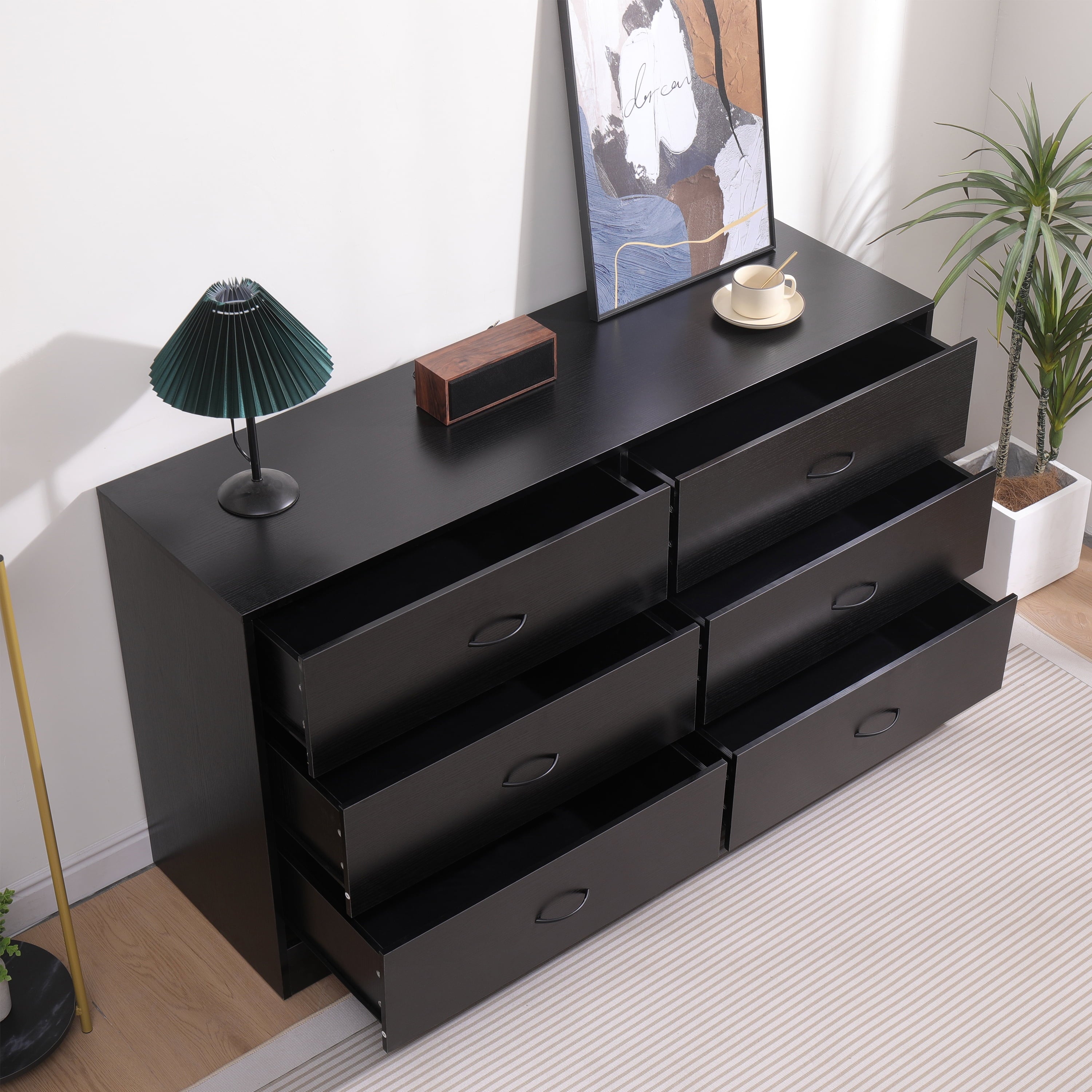 Furnibear 6 Drawer Dresser, Modern Wood Chest of Drawers Organizer Storage for Bedroom, Living Room, Porch, Black