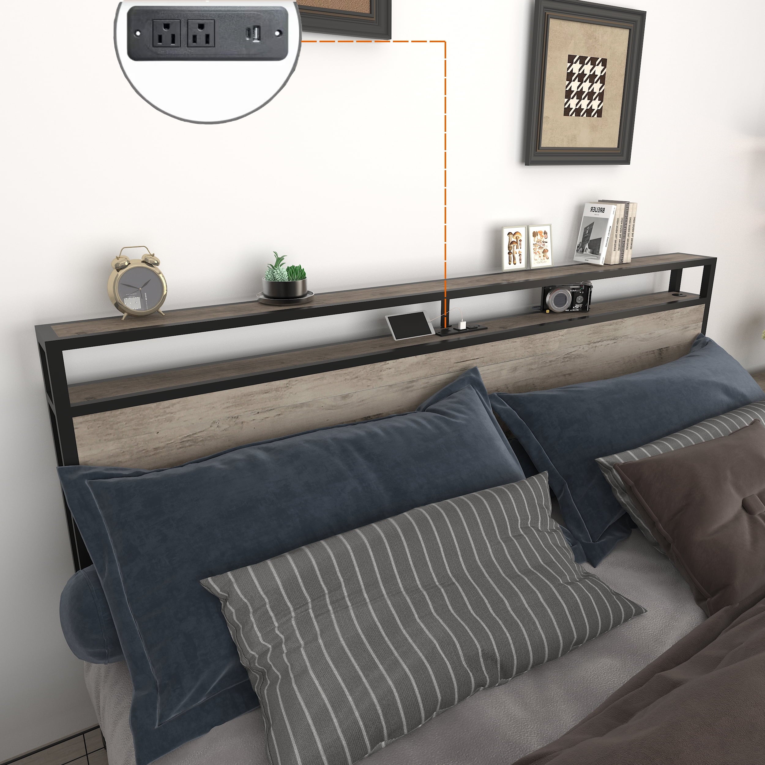 Furnibear King Bed Frame with USB Charging Station and Storage Headboard, Heavy-Duty Shake-Free Platform, No Box Spring Needed, Easy Tool-Free Assembly, Gray