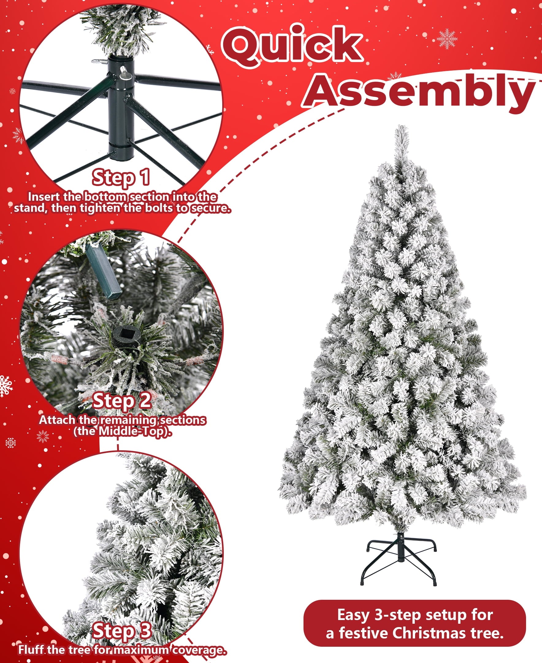 Furnibear 7.5ft Flocked Christmas Tree, 1405 Branch Tips Unlit Artificial Tree with Auto-Shaping