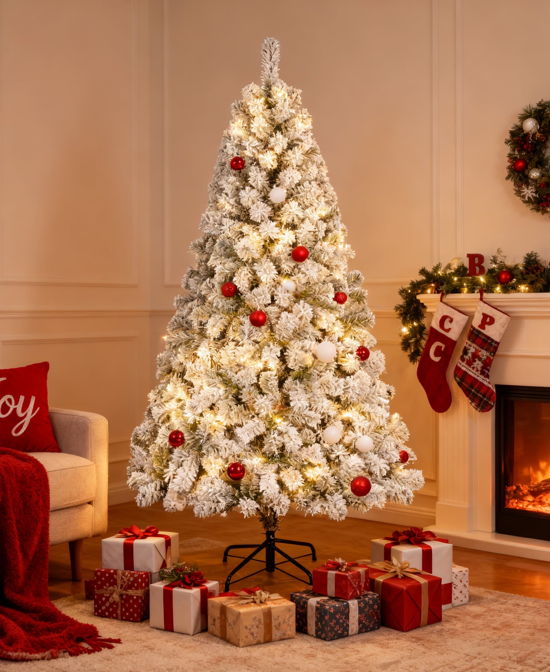 Furnibear 7.5ft Flocked Christmas Tree, 1405 Branch Tips Unlit Artificial Tree with Auto-Shaping