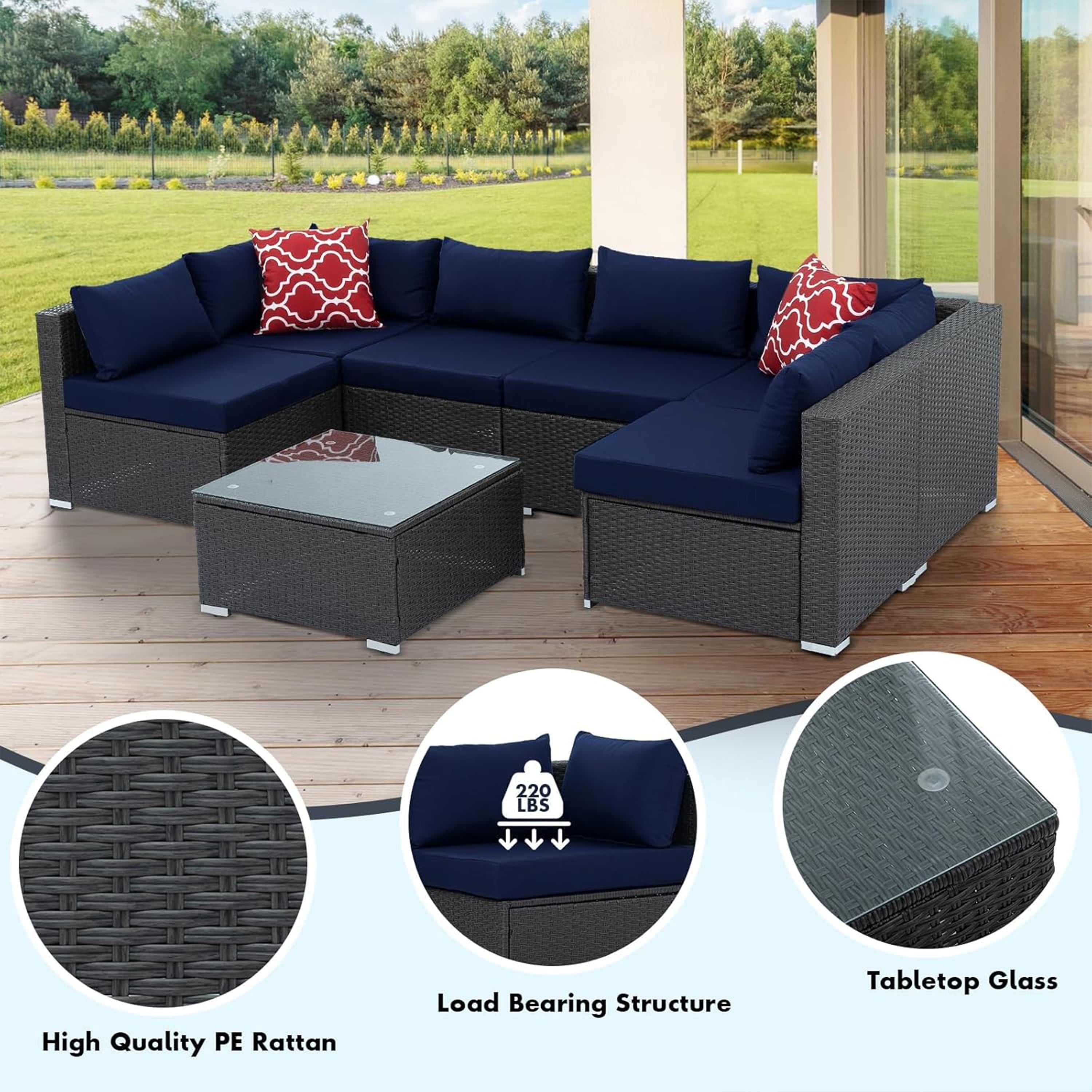 Furnibear 7 Pieces Outdoor Patio Sectional Sofa Couch, Black Wicker Patio Furniture Conversation Sets with Washable Cushions and Glass Coffee Table for Garden, Poolside, Backyard