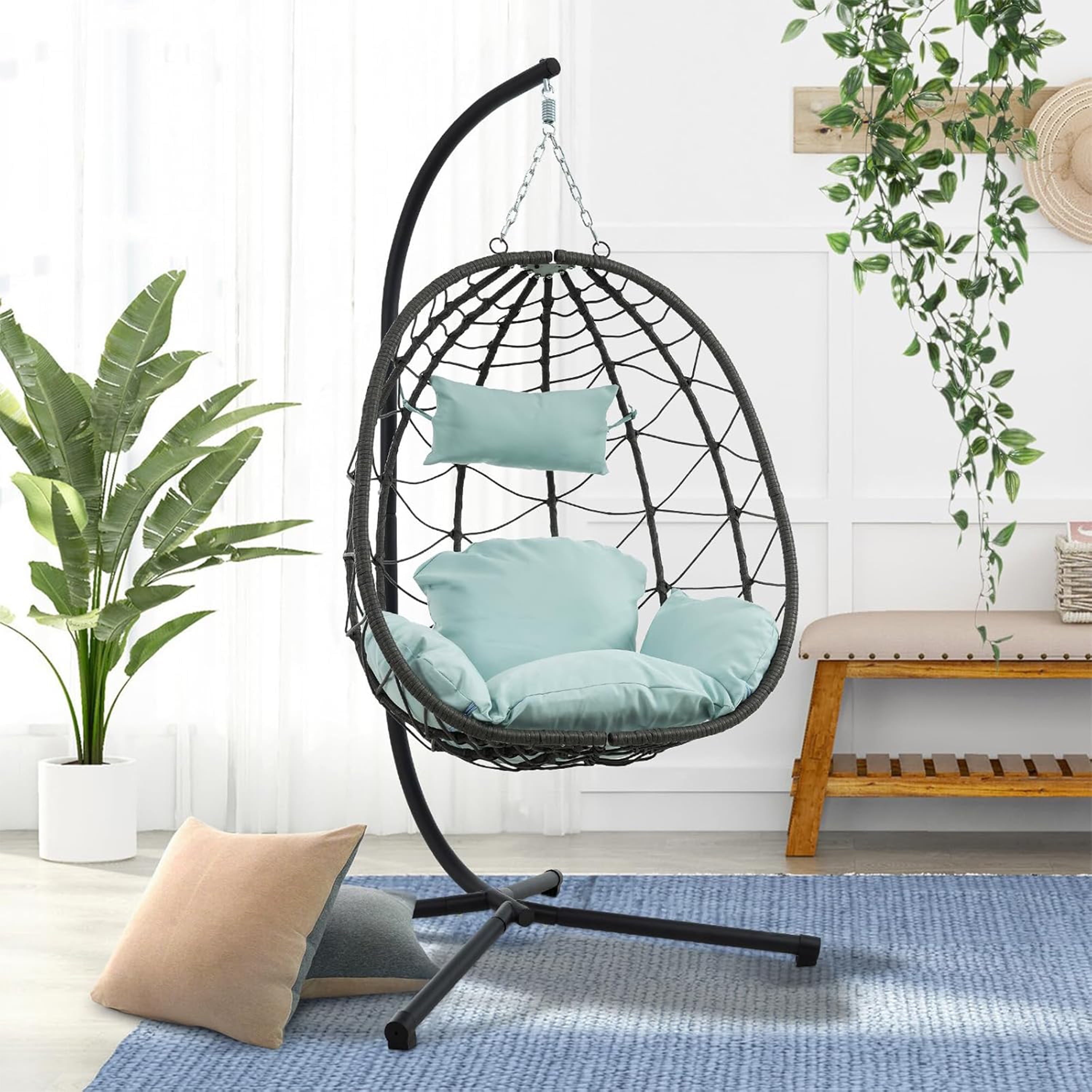 Furnibear Egg Chair with Stand,Patio Rattan Wicker Hanging Swing Egg Chair Hammock Chair for Bedroom Porch Garden,Thickened Aluminum Alloy Steel Frame