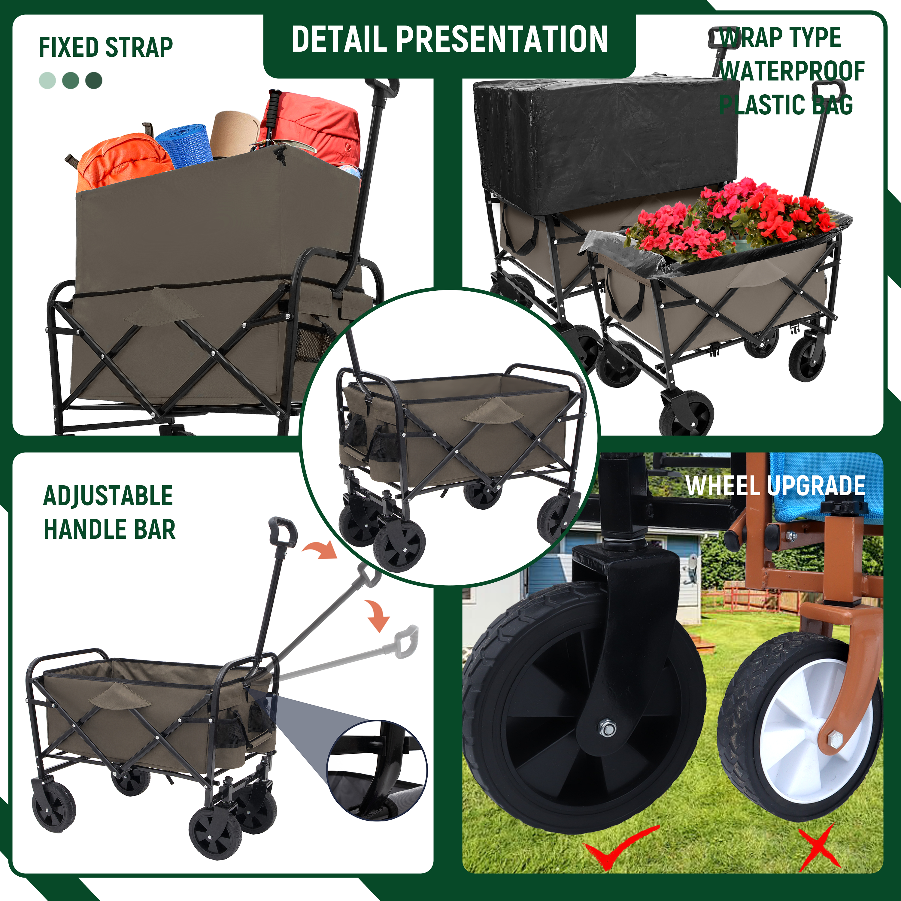 Furnibear Heavy-Duty Folding Wagon Cart with All-Terrain Wheels Includes 3 Liner Bags for Camping, Beach, Grocery,Olive Green