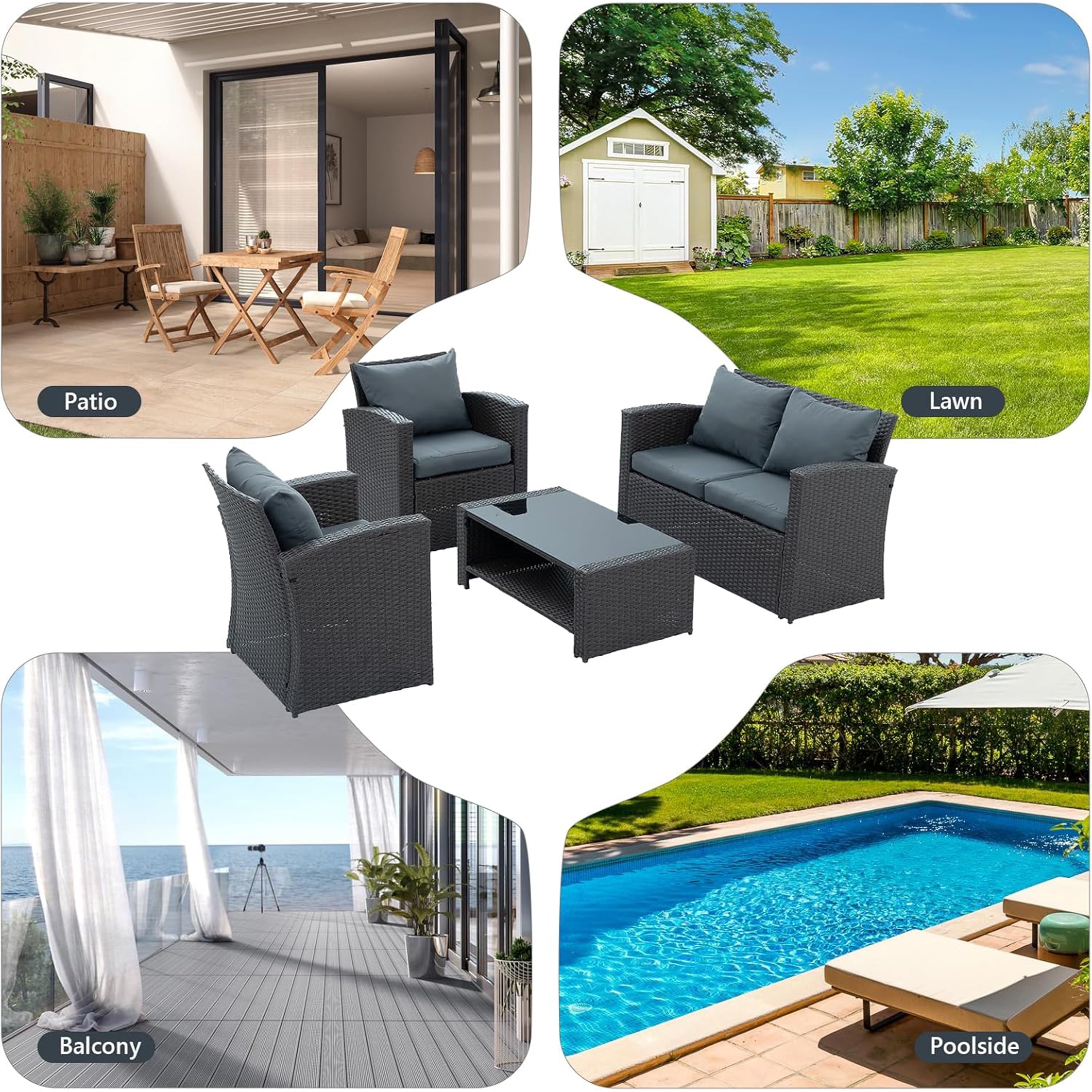 Furnibear 4 Pieces Patio Conversation Set, Outdoor Rattan Sectional Sofa, Cushioned Patio Furniture Set, Wicker Sofa Ideal for Garden, Porch, Backyard