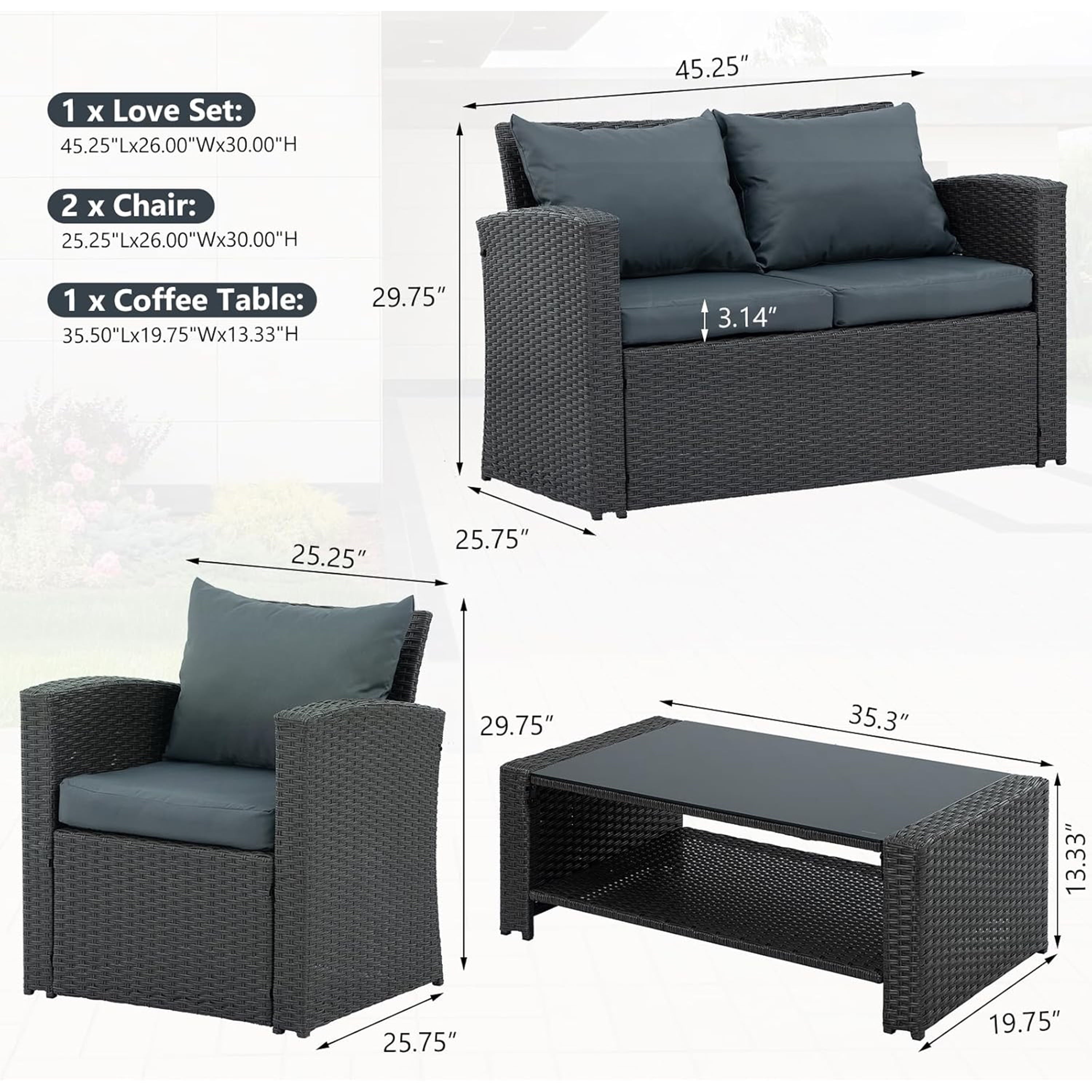 Furnibear 4 Pieces Patio Conversation Set, Outdoor Rattan Sectional Sofa, Cushioned Patio Furniture Set, Wicker Sofa Ideal for Garden, Porch, Backyard
