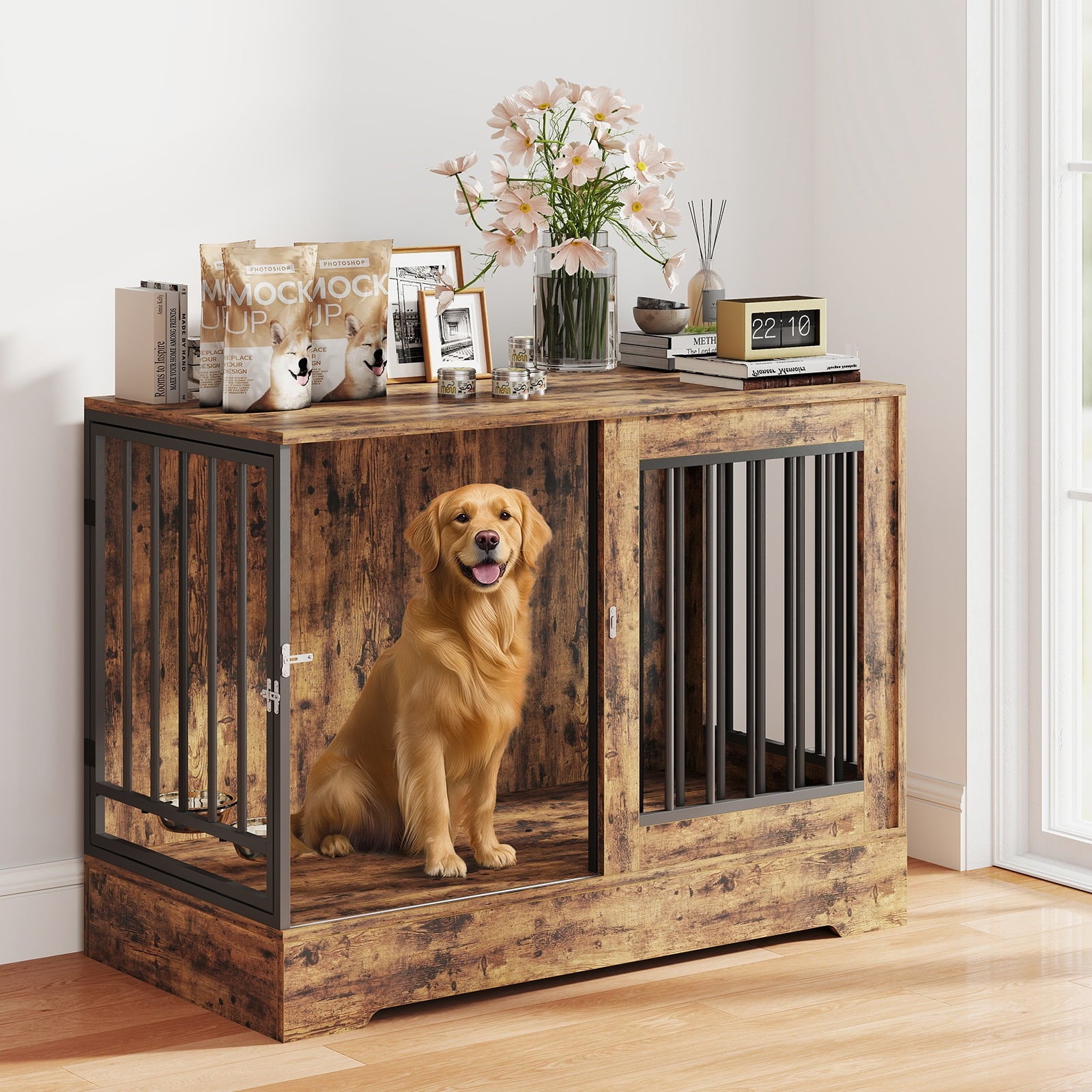 Furnibear 47" Solid Wood Dog Crate Furniture with Double Doors - Heavy Duty Rustic Brown Indoor Kennel w/Removable Dog Bowls, Multi-Functional End Table for Small/Medium/Large Dogs