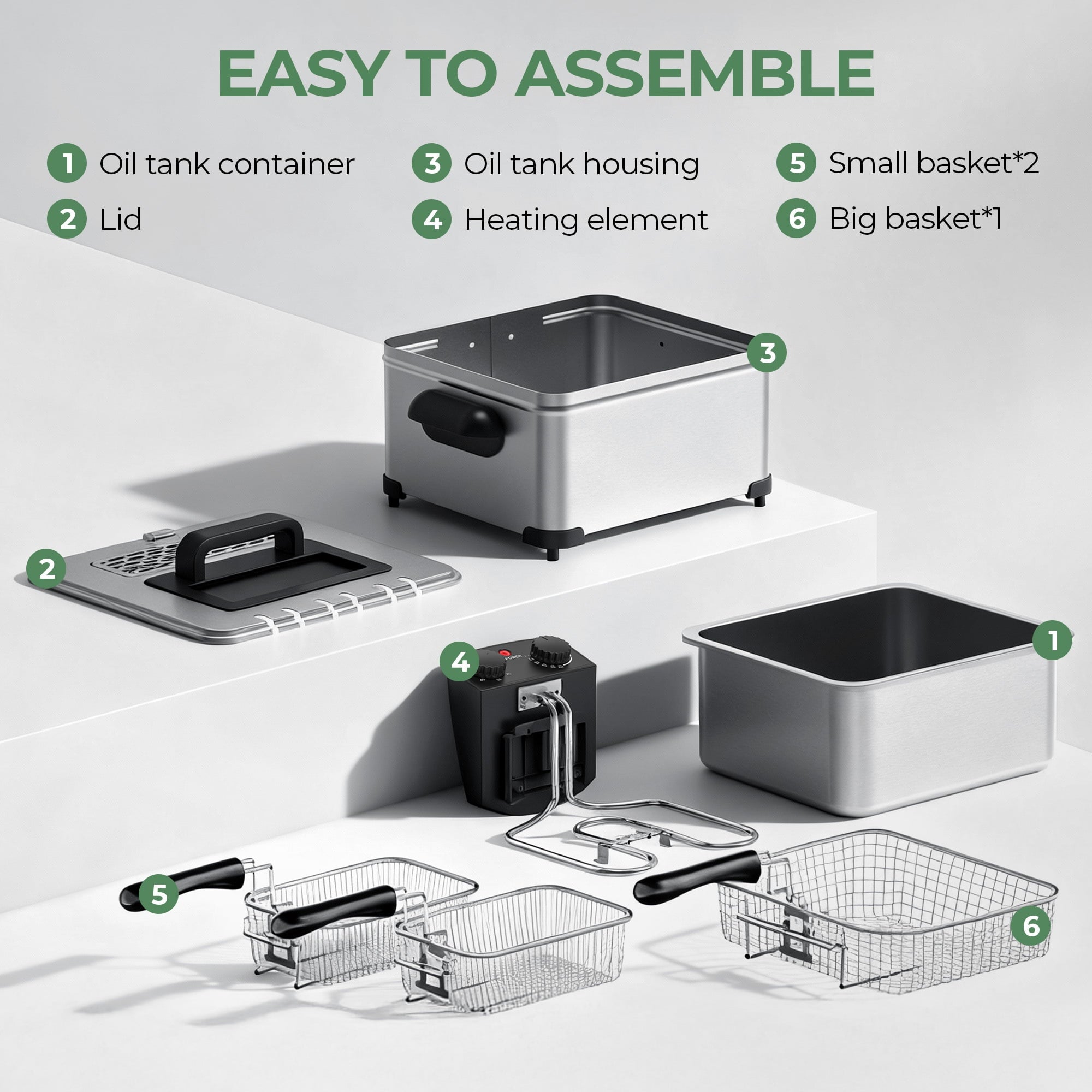 Furnibear Electric Deep Fryer with 3 Frying Baskets, 5L 1700W Large Fryer Adjustable Temperature,View Window Lid for Kitchen, Fry Fish for Home Use,Silver