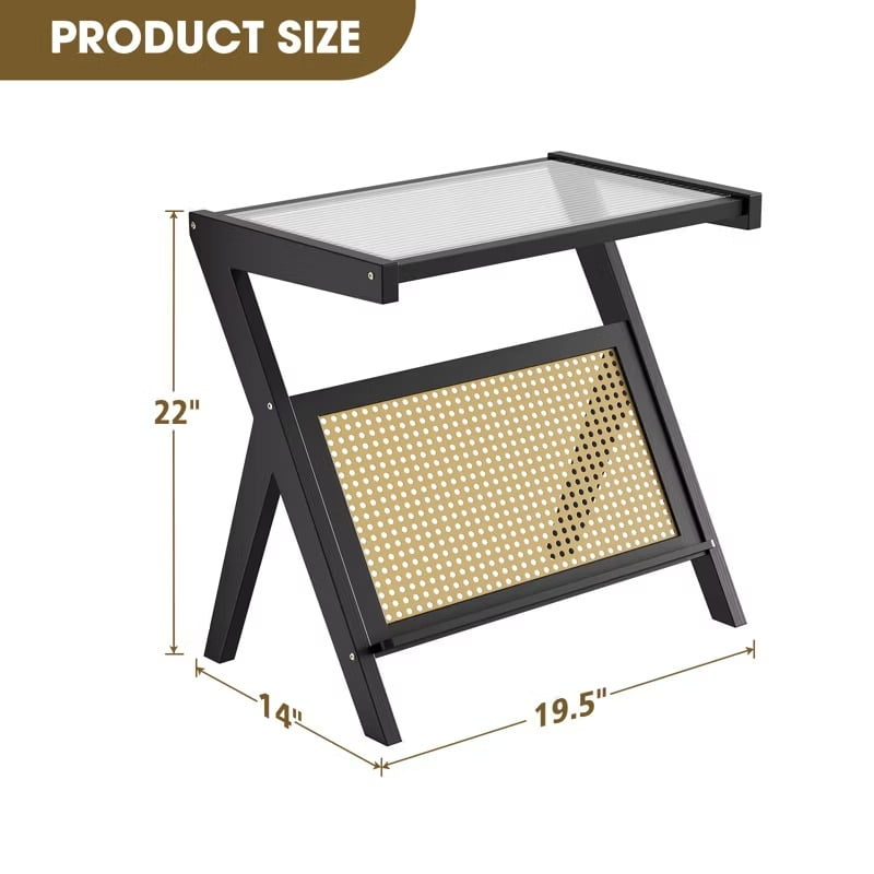Furnibear Rattan Side Table Bamboo Accent Bedside Table with Tempered Glass Top, Black