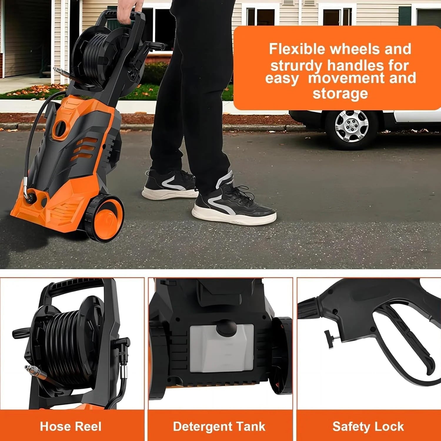 Pressure Washer, 3800PSI 2.6 GPM Max Power Washer Electric Powered for Cars, Fences, Patios, Decks, Patios,Orange