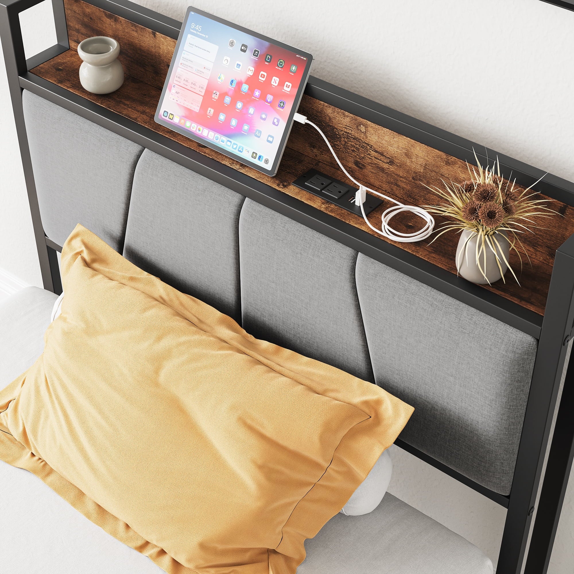 Furnibear TWIN SIZE Bed Frame with Storage Headboard and USB Charging Station, Sturdy Shake-Free Platform, No Box Spring Needed, Easy Tool-Free Assembly