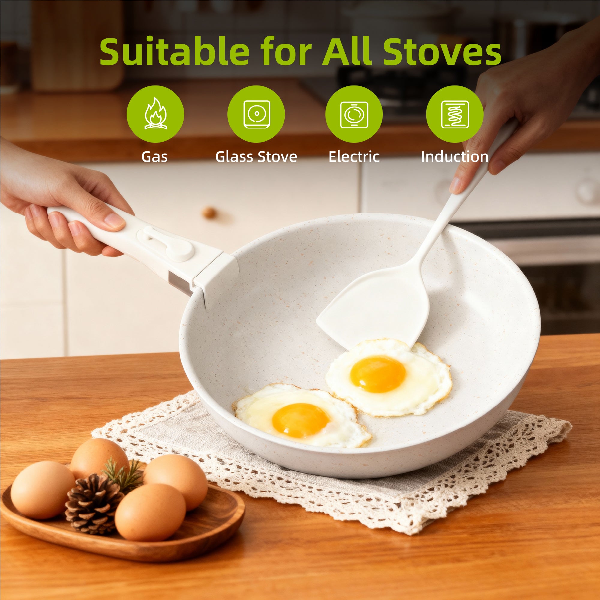 Furnibear 20pcs Pots and Pans Set Nonstick, Kitchen Ceramic Cookware Set for RV and Camping, with Pots Protectors and Cooking Utensils, White